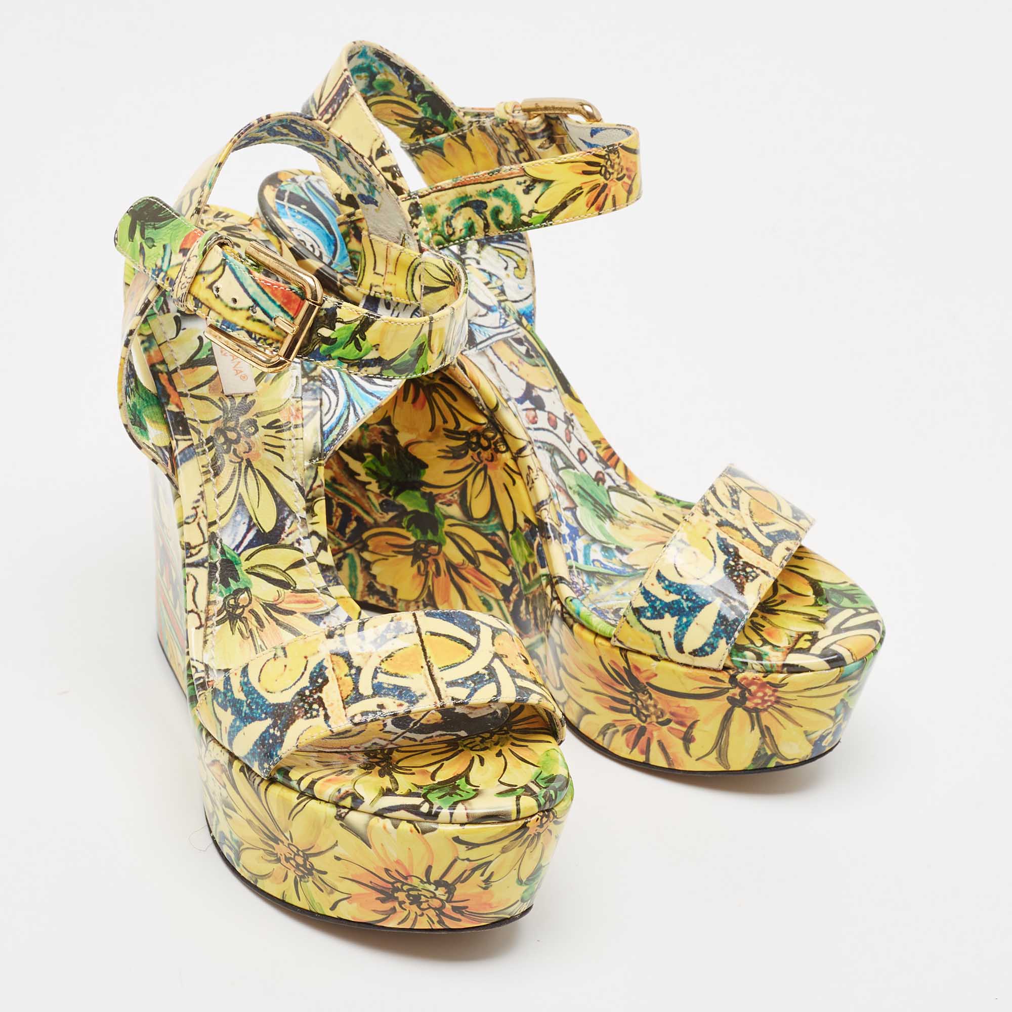 Dolce & Gabbana Multicolor Patent Wedge Platform Ankle Strap Sandals Size 40