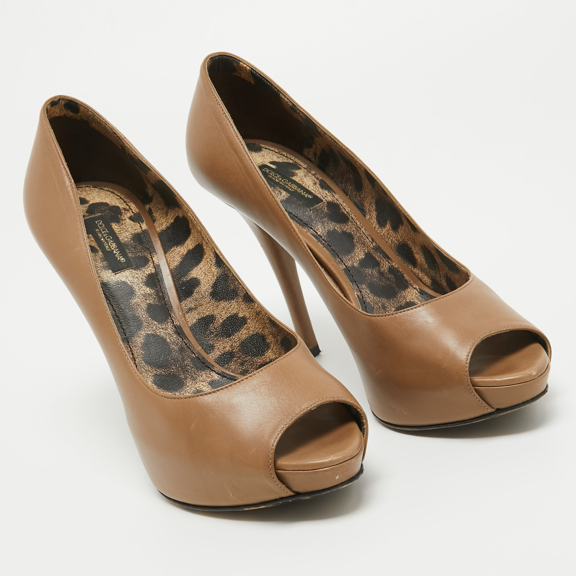 Dolce & Gabbana Light Brown Leather Peep Toe Platform Pumps Size 38.5