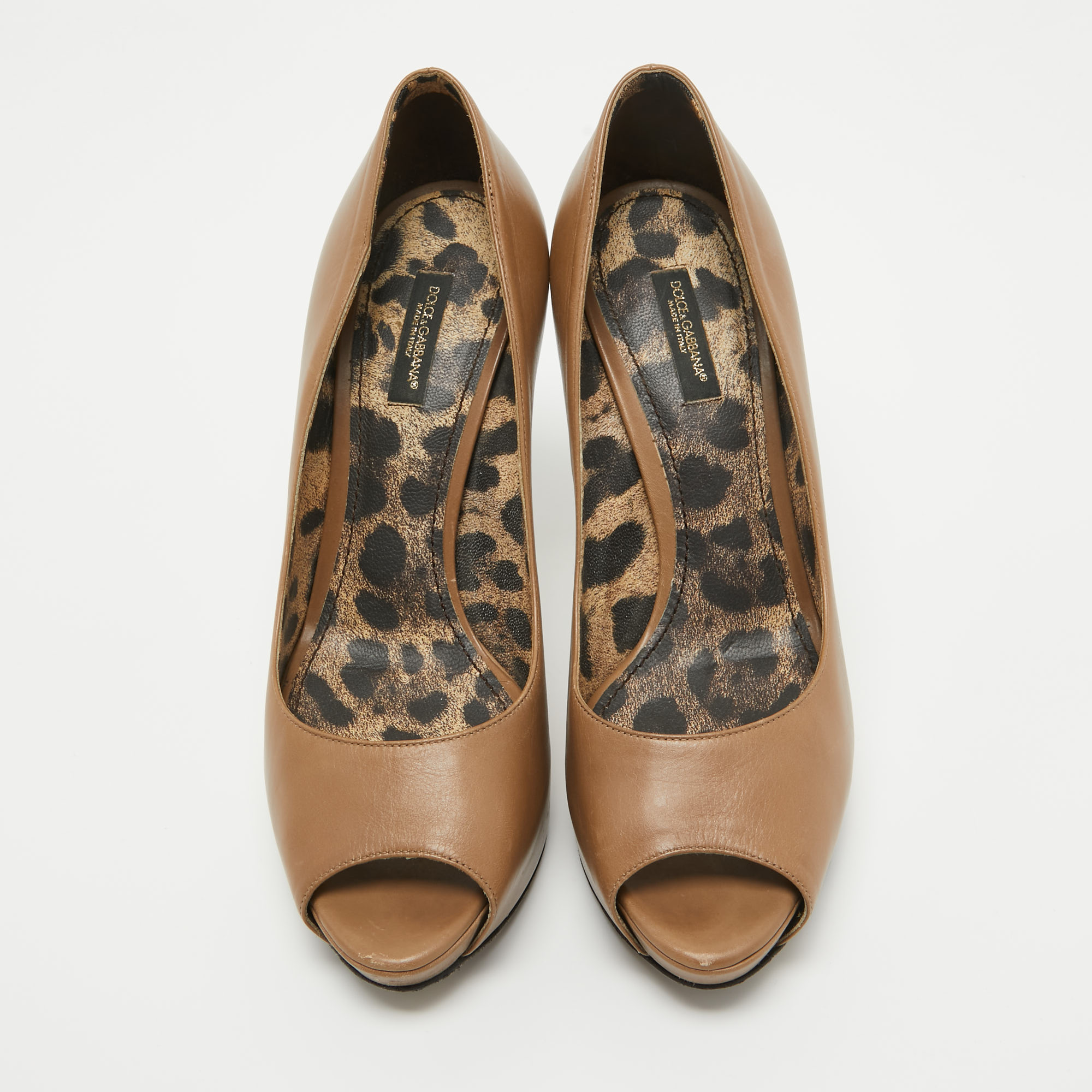 Dolce & Gabbana Light Brown Leather Peep Toe Platform Pumps Size 38.5
