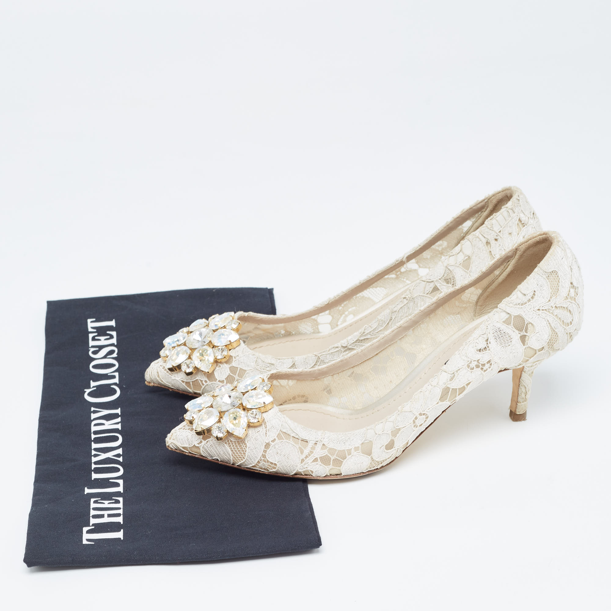 Dolce & Gabbana White Lace Crystal Embellished Taormina Pumps Size 36.5