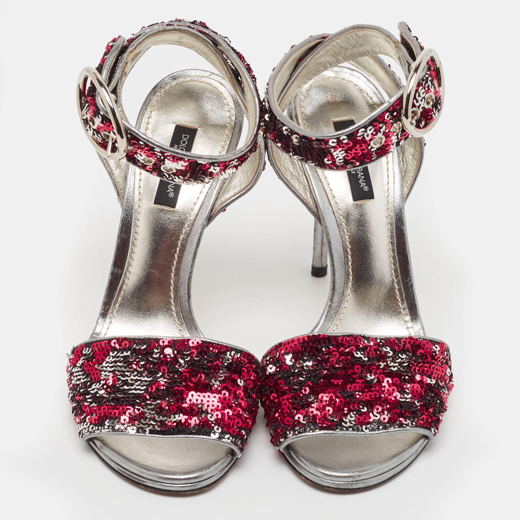 Dolce & Gabbana Metallic Pink/Silver Sequins Ankle Strap Sandals Size 37