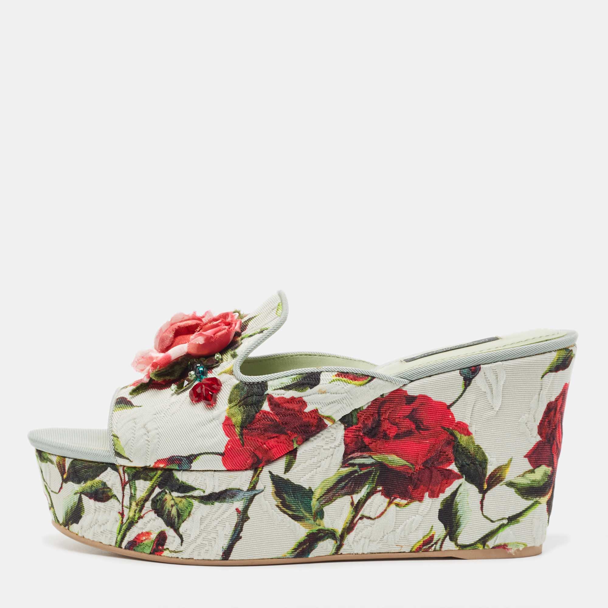 Dolce & Gabbana Light Green Rose Print Canvas Embellished Flower Applique Wedge Slide Sandals Size 39