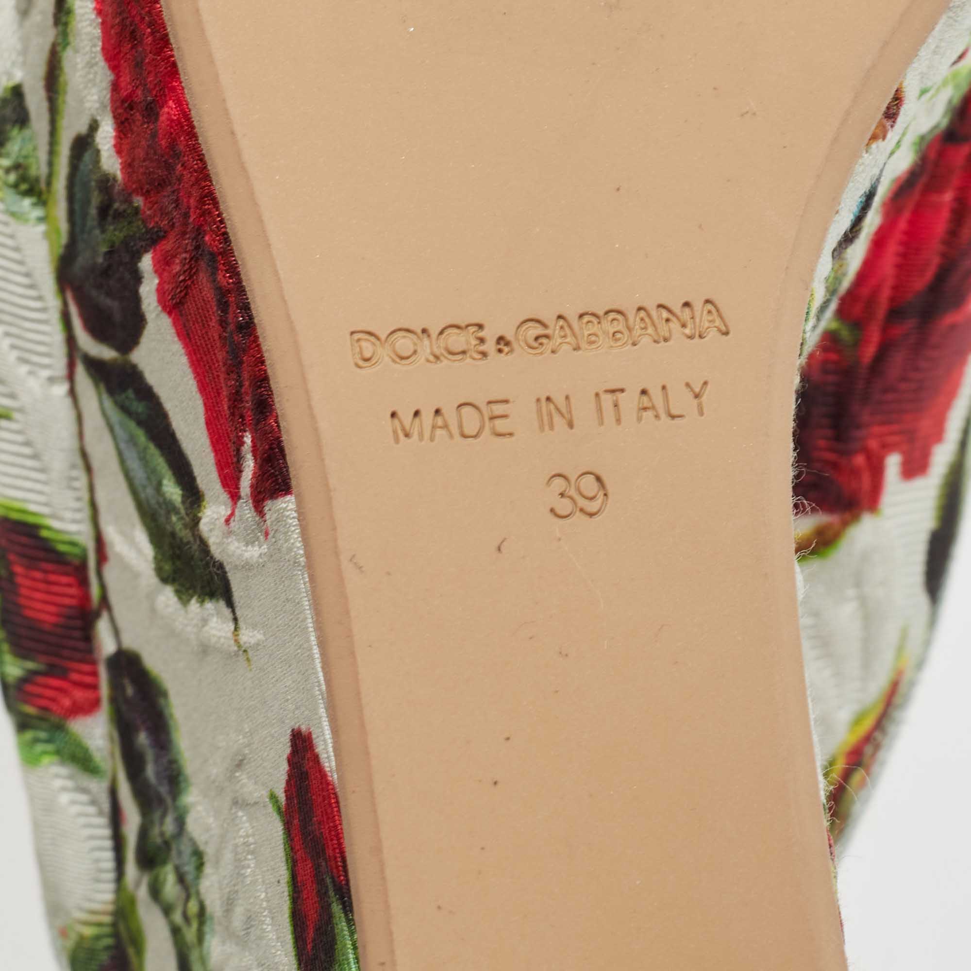 Dolce & Gabbana Light Green Rose Print Canvas Embellished Flower Applique Wedge Slide Sandals Size 39