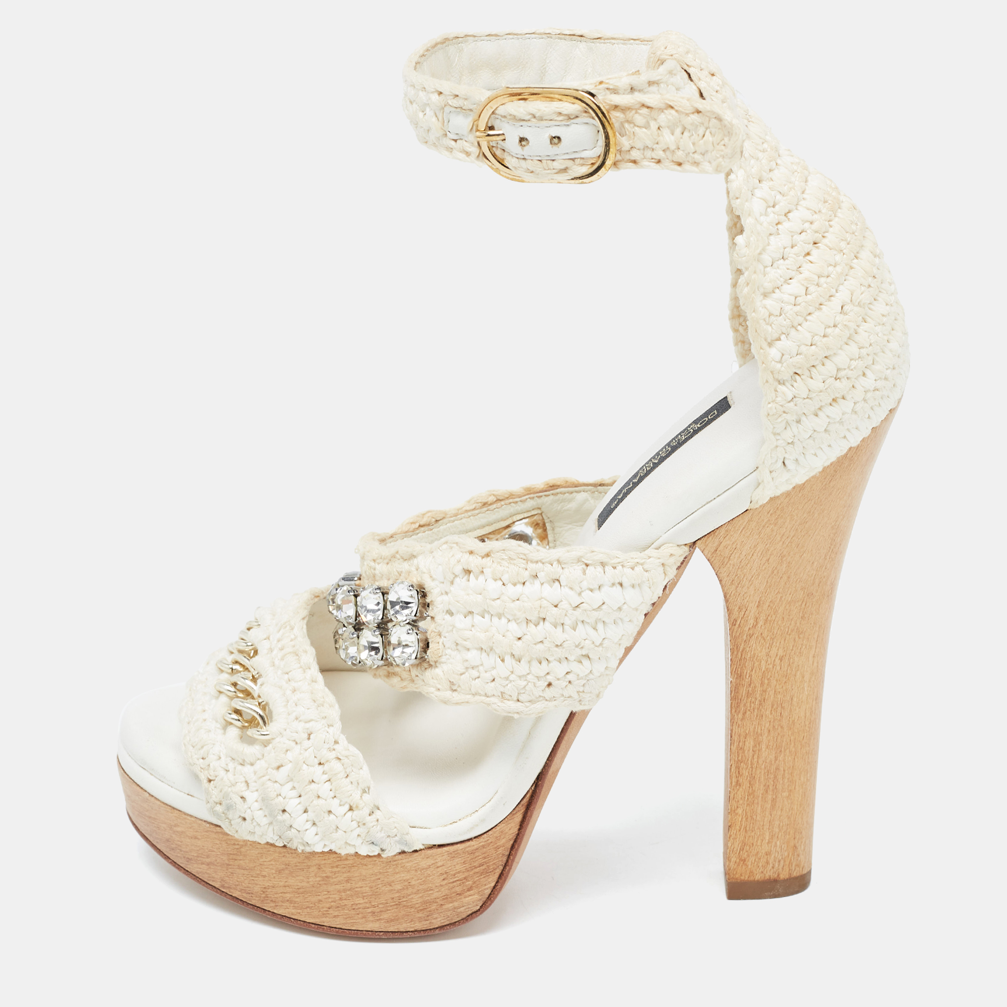 Dolce & Gabbana White Woven Lace Crystal Embellished Ankle Strap Sandals Size 37