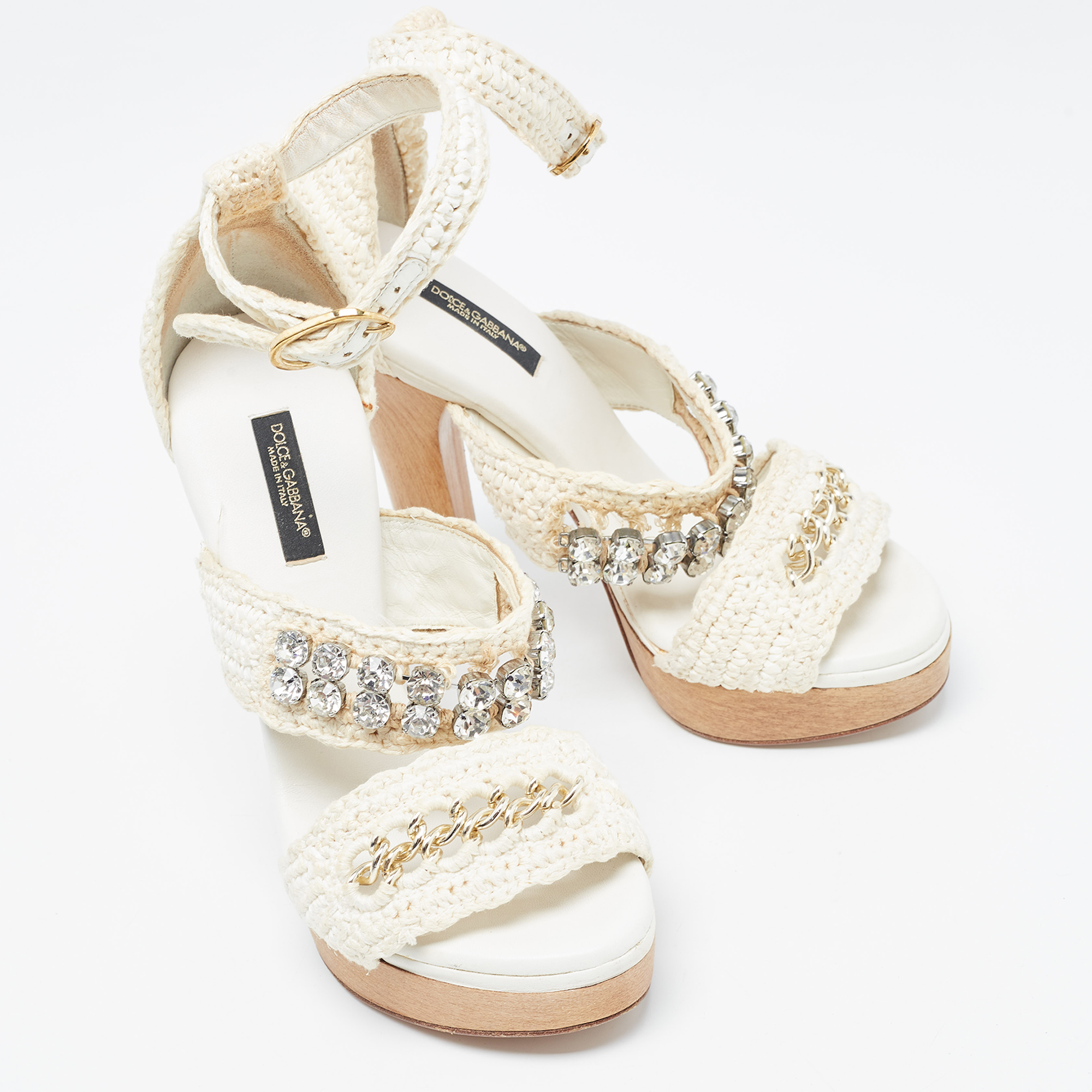 Dolce & Gabbana White Woven Lace Crystal Embellished Ankle Strap Sandals Size 37