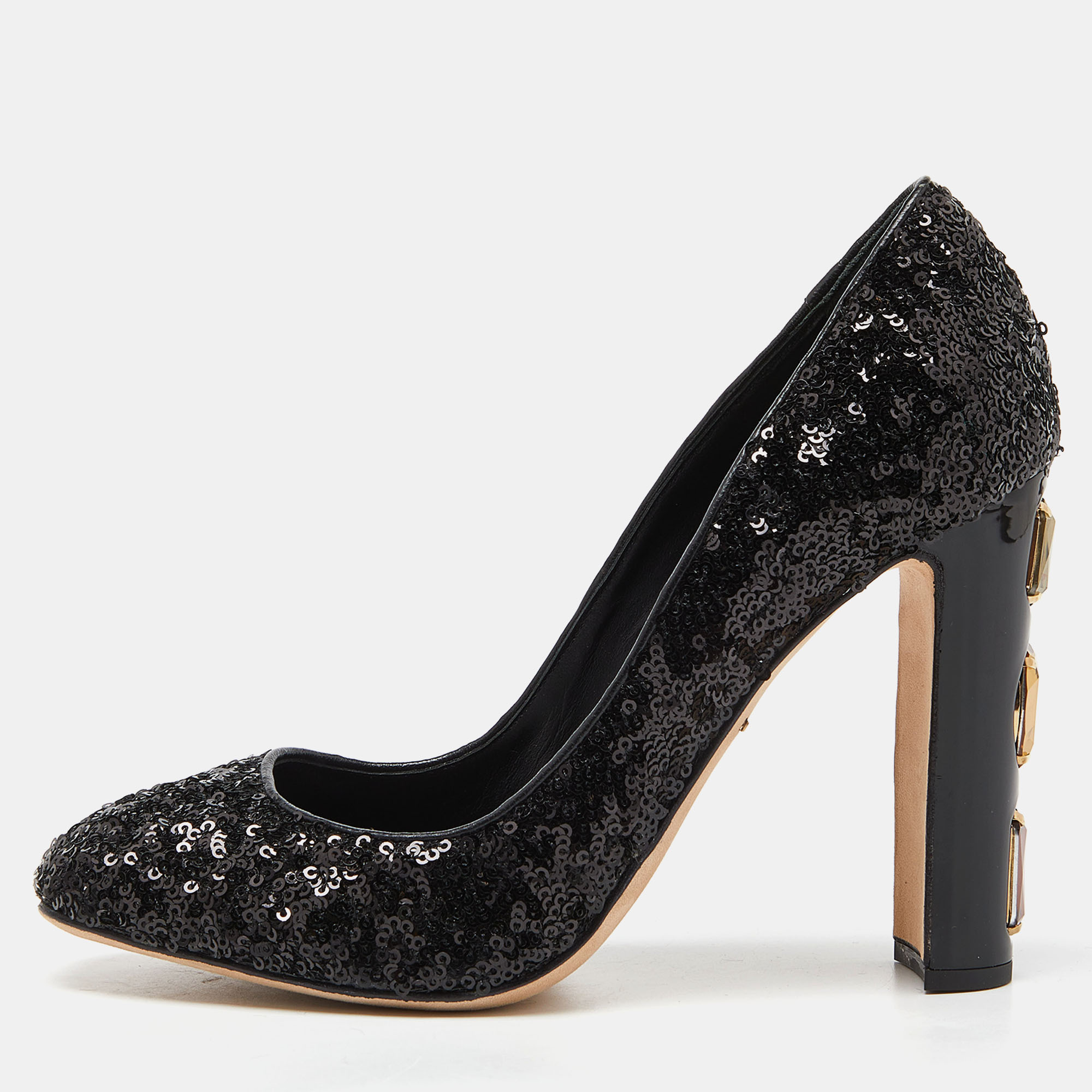 Dolce & gabbana black sequins and leather block heel pumps size 37.5