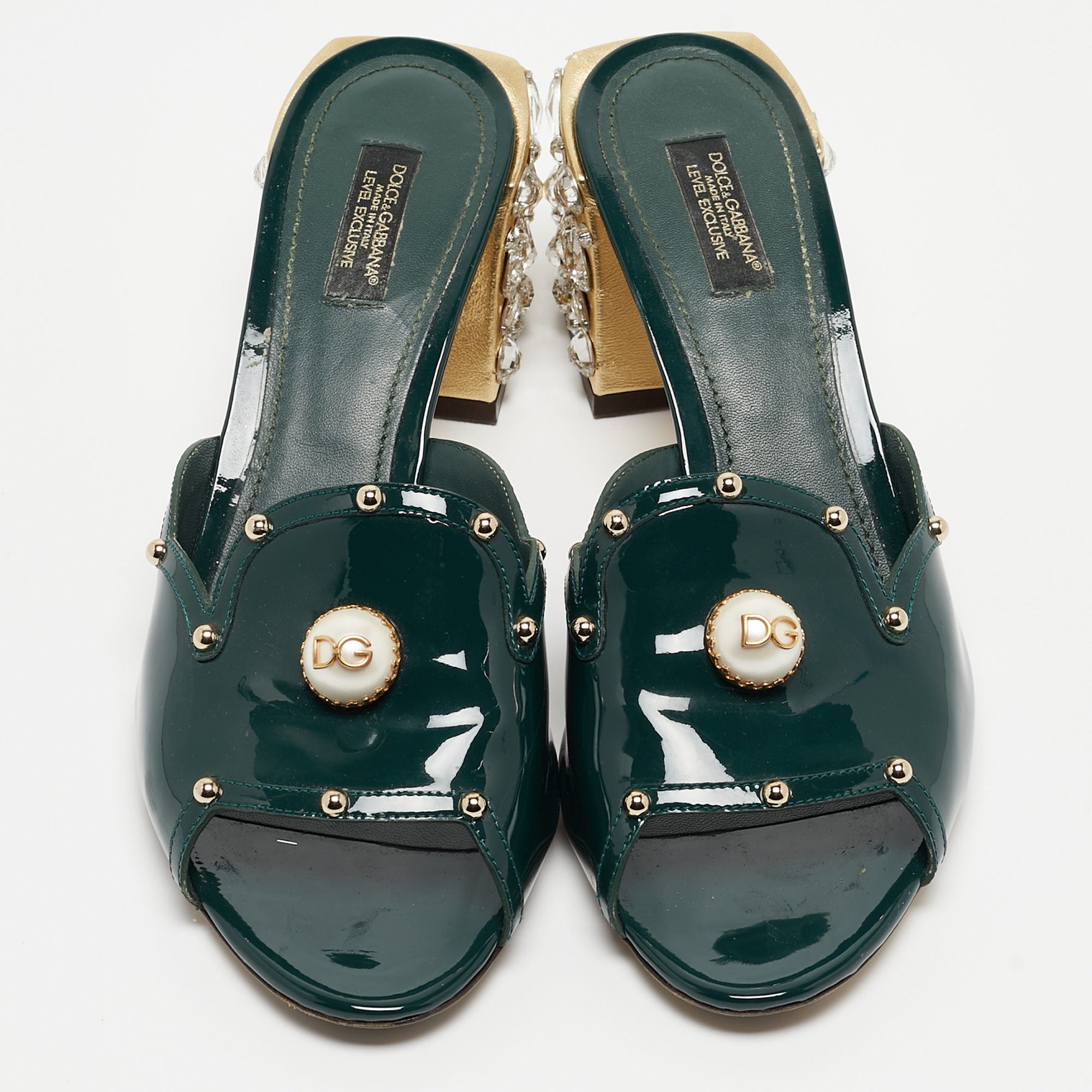 Dolce & Gabbana Dark Green Patent Leather Crystal Embellished Slide Sandals Size 41