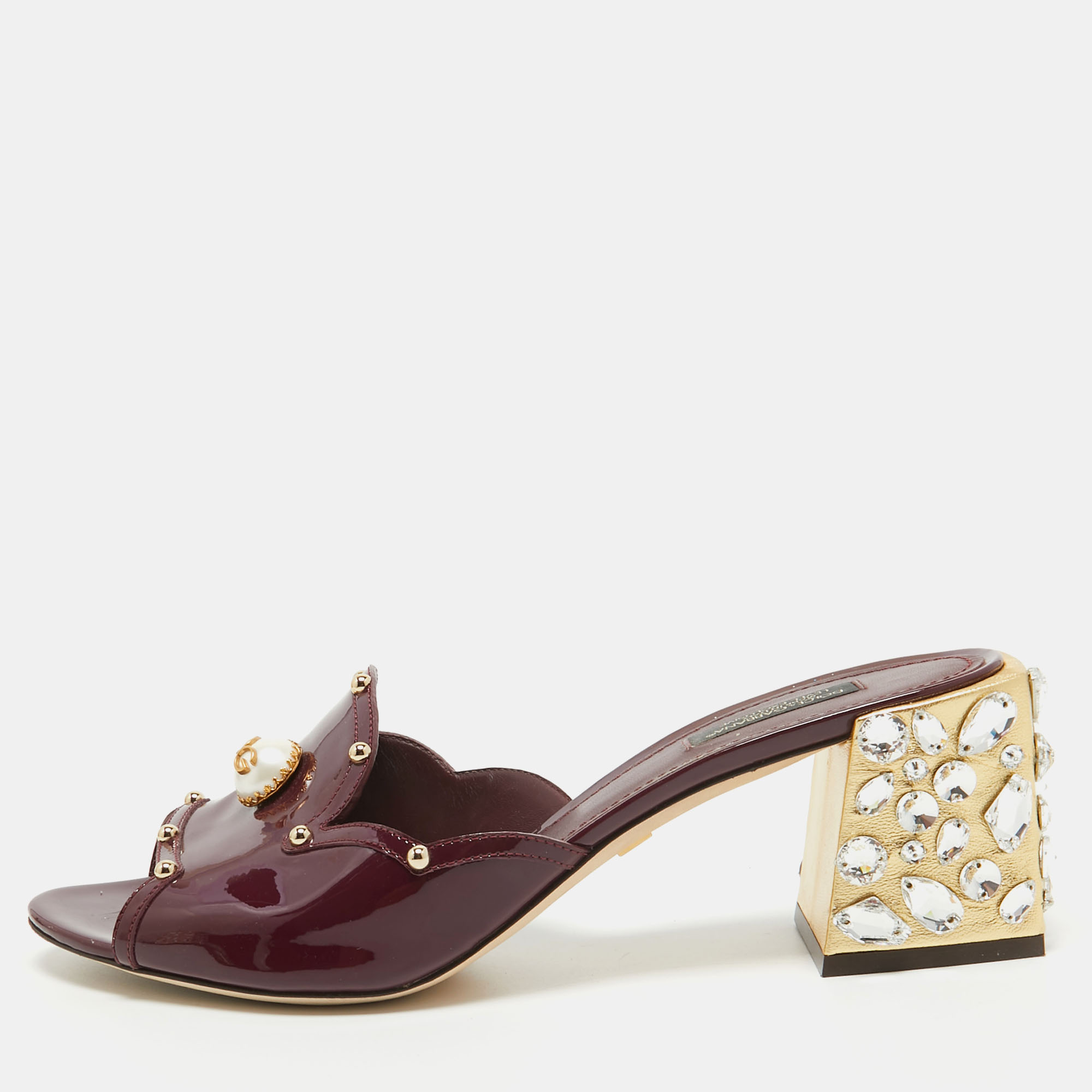 Dolce & Gabbana Burgundy Patent Leather Crystal Embellished Slide Sandals Size 41