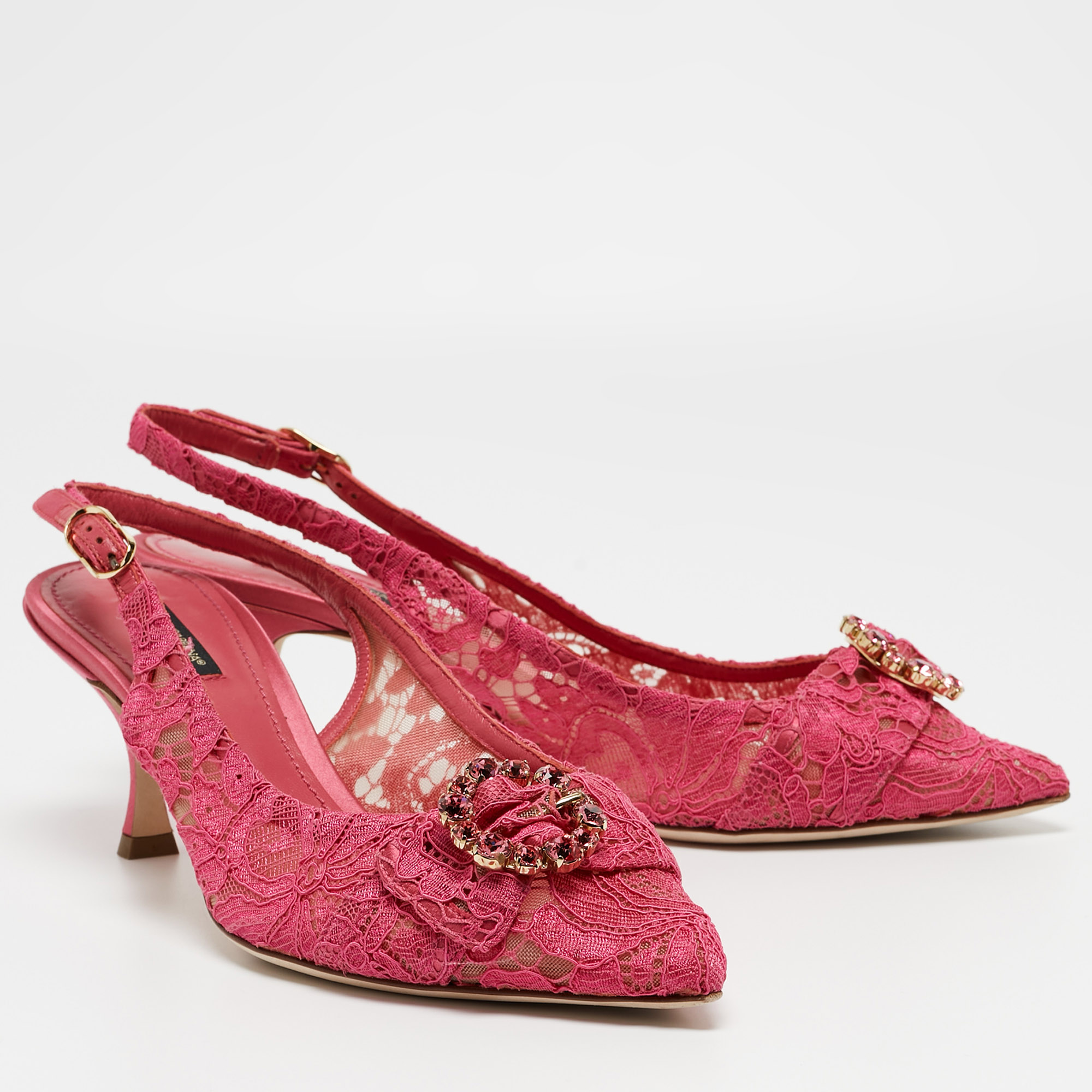 Dolce & Gabbana Pink Lace And Mesh Slingback Pumps Size 40