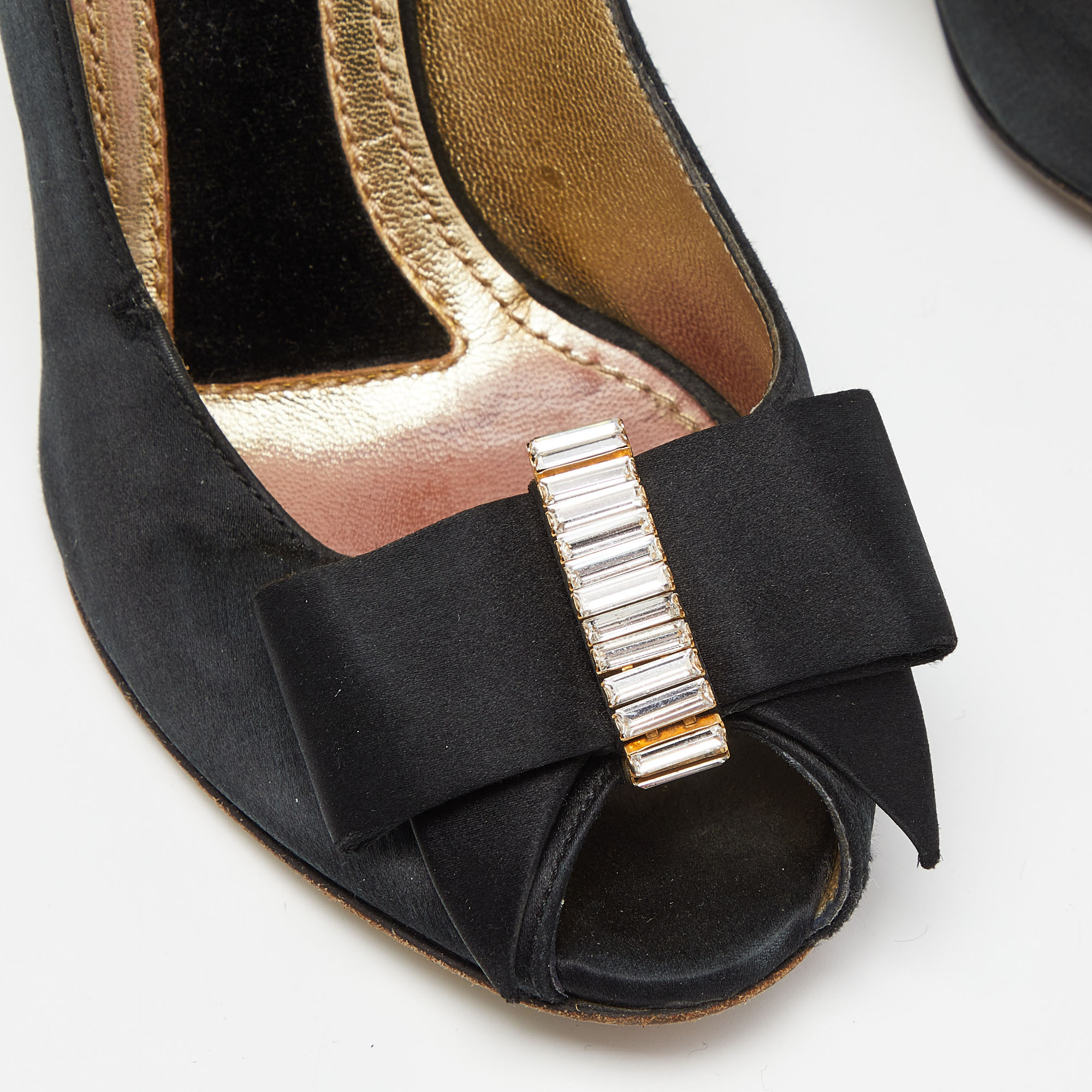 Dolce & Gabbana Black Satin Crystal Embellished Peep Toe Pumps Size 37.5