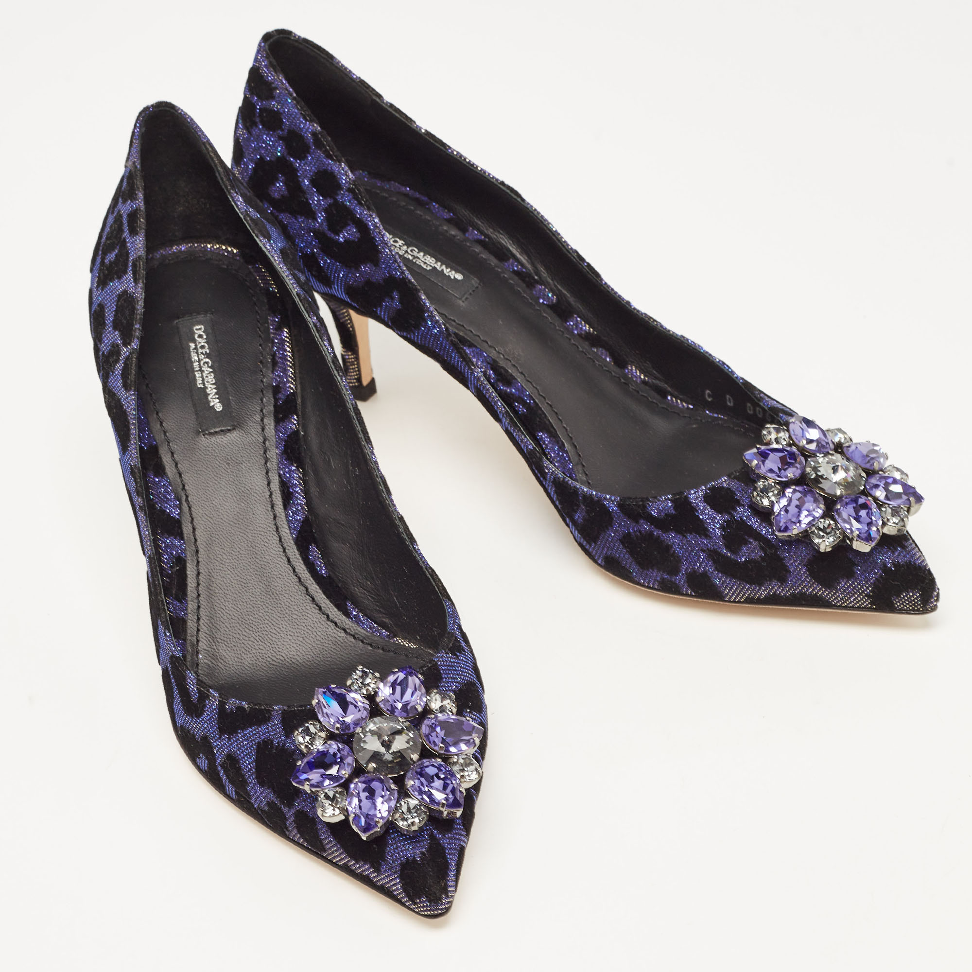 Dolce & Gabbana Black/Purple Glitter Fabric Bellucci Crystal Embellished Pointed Toe Pumps Size 39