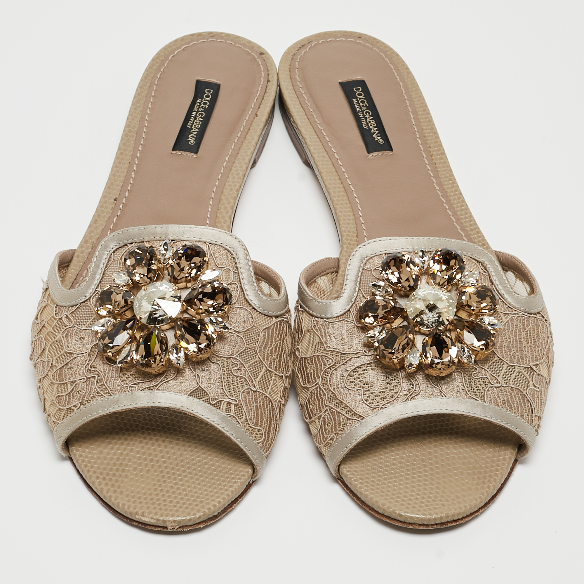 Dolce & Gabbana Silver/Beige Lace And Mesh Flat Slides Size 39.5