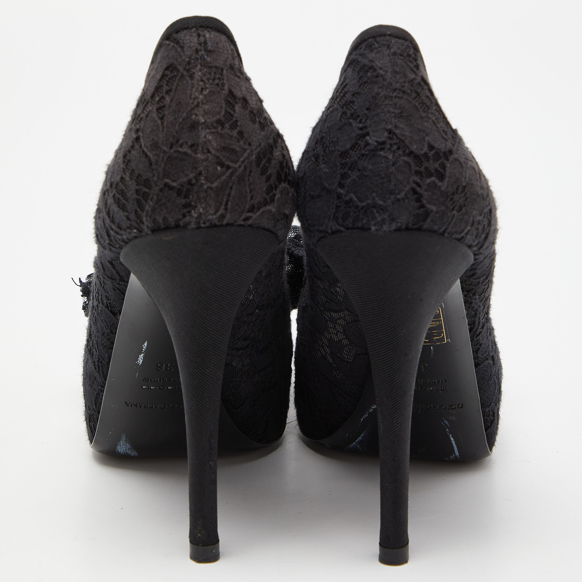 Dolce & Gabbana Black Lace Bow Peep Toe Platform Pumps Size 36