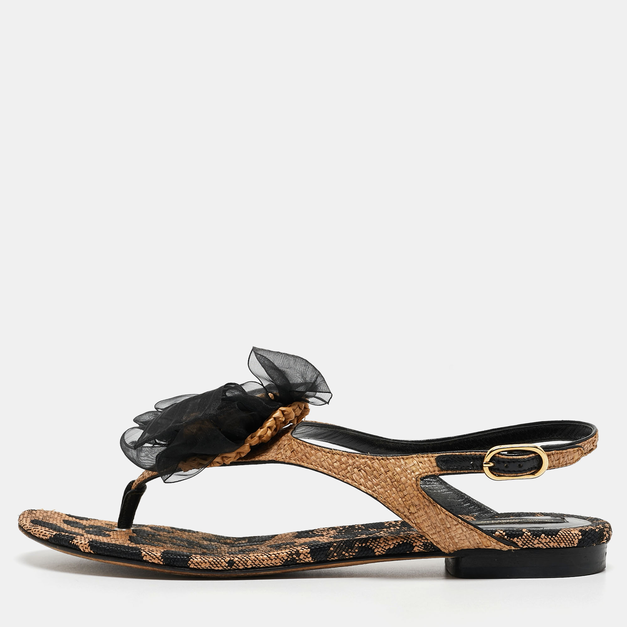 Dolce & Gabbana Beige/Black Raffia Floral Applique Thong Flat Sandals Size 40
