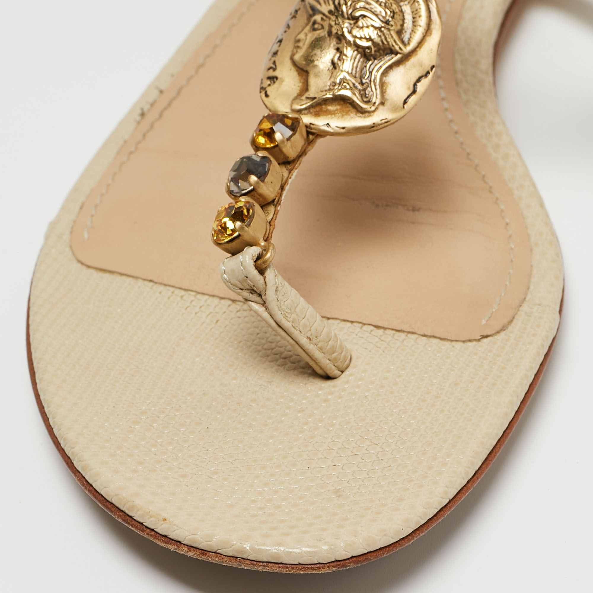 Dolce & Gabbana Beige Textured Leather Crystal Embellished Thong Flat Sandals Size 39.5