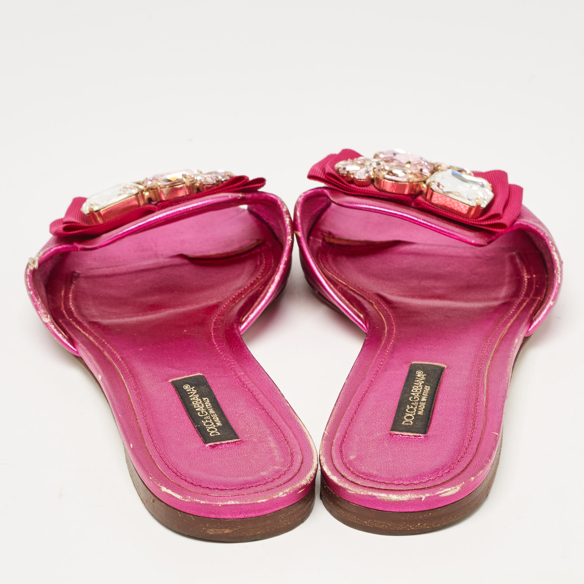 Dolce & Gabbana Pink Leather Crystal Embellished Flat Slides Size 37.5