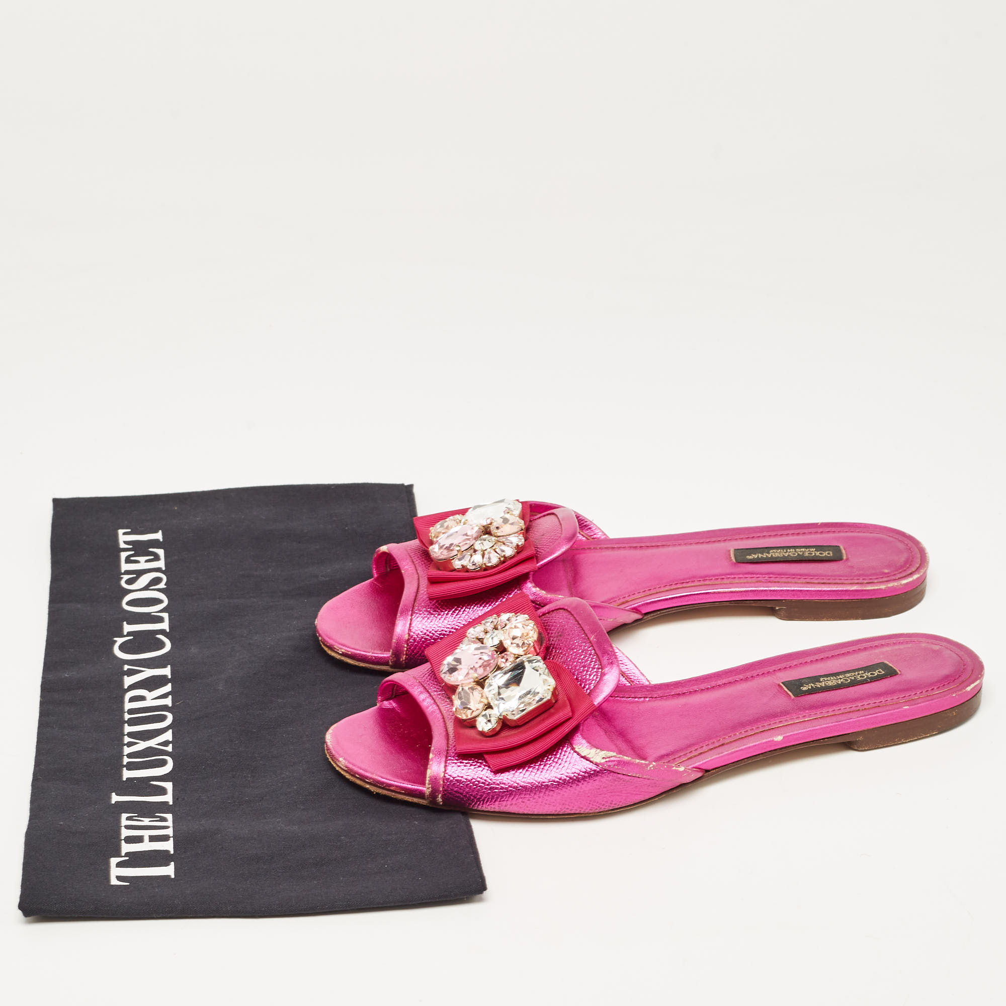 Dolce & Gabbana Pink Leather Crystal Embellished Flat Slides Size 37.5