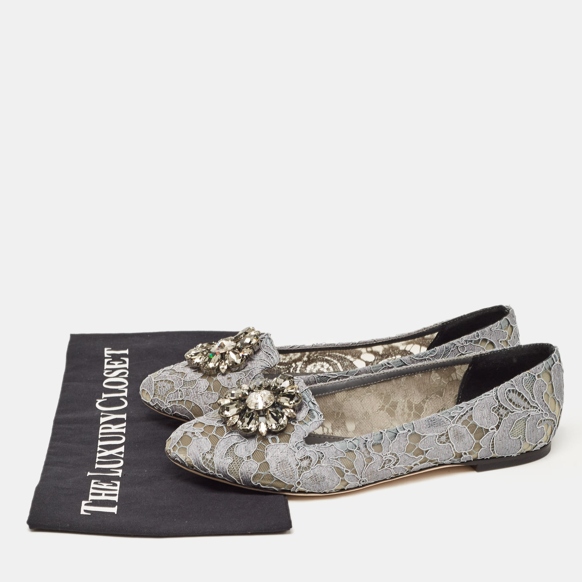 Dolce & Gabbana Grey Lace And Mesh Bellucci Crystal Embellished Ballet Flats Size 38.5