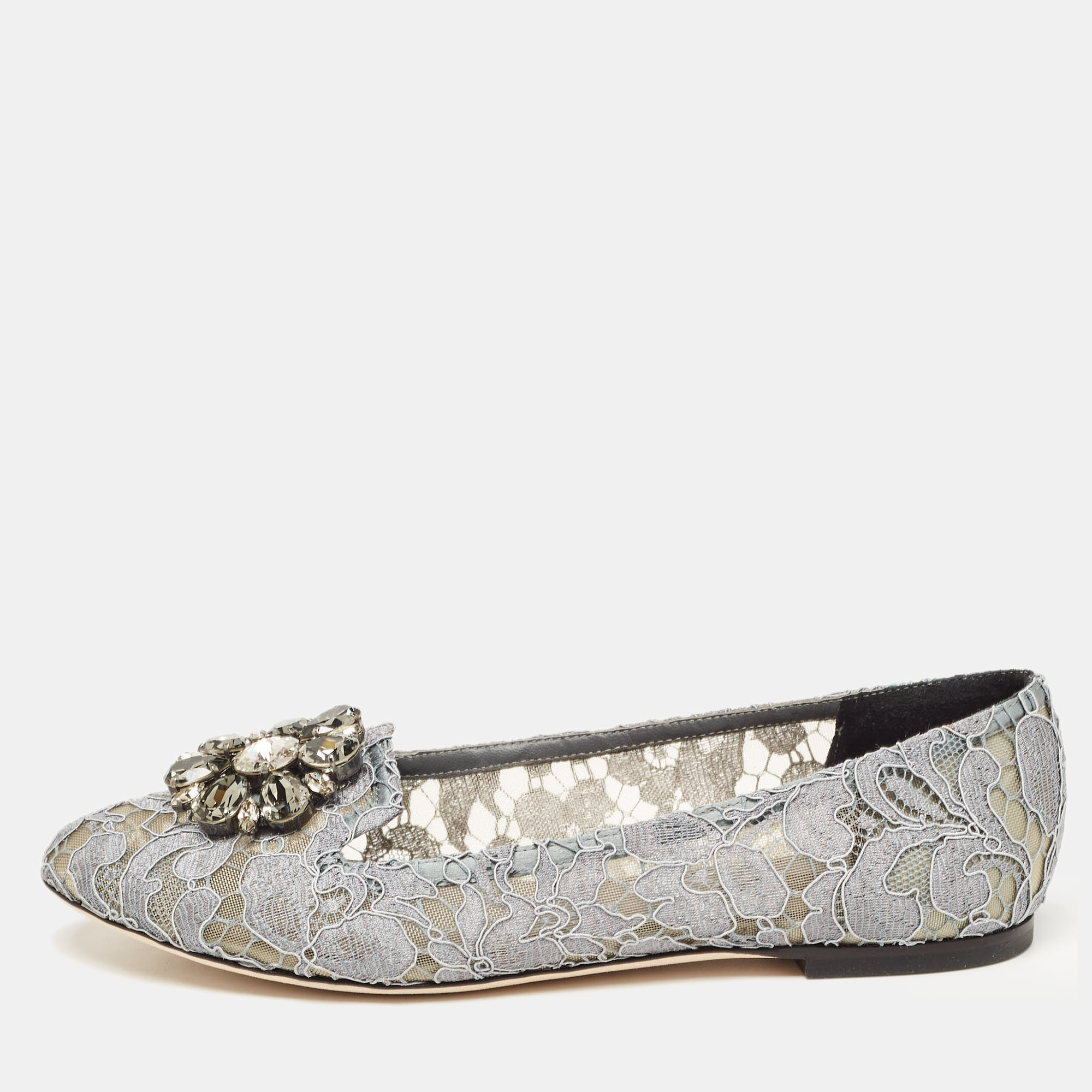 Dolce & Gabbana Grey Lace And Mesh Bellucci Crystal Embellished Ballet Flats Size 38.5