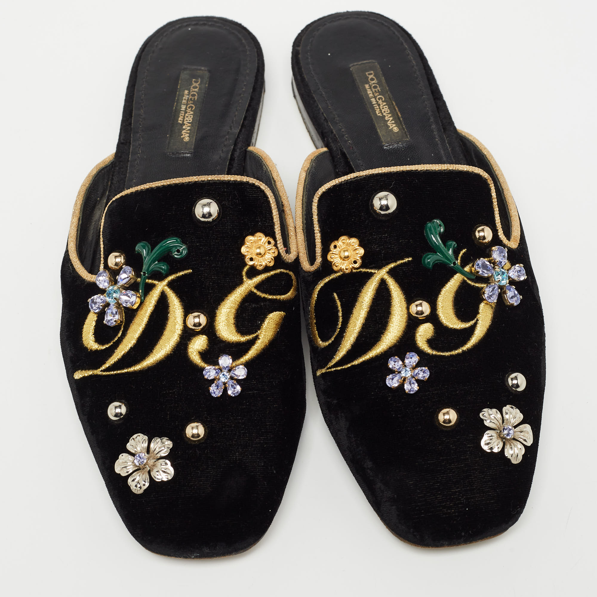 Dolce & Gabbana Black Velvet Jackie Embellished Mules Size 37
