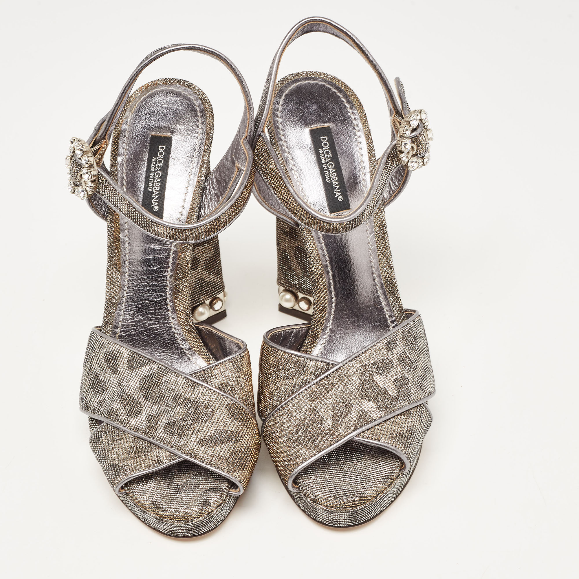 Dolce & Gabbana Silver/Gold Leopard Print Glitter Fabric Ankle Strap Block Heel Sandals Size 37