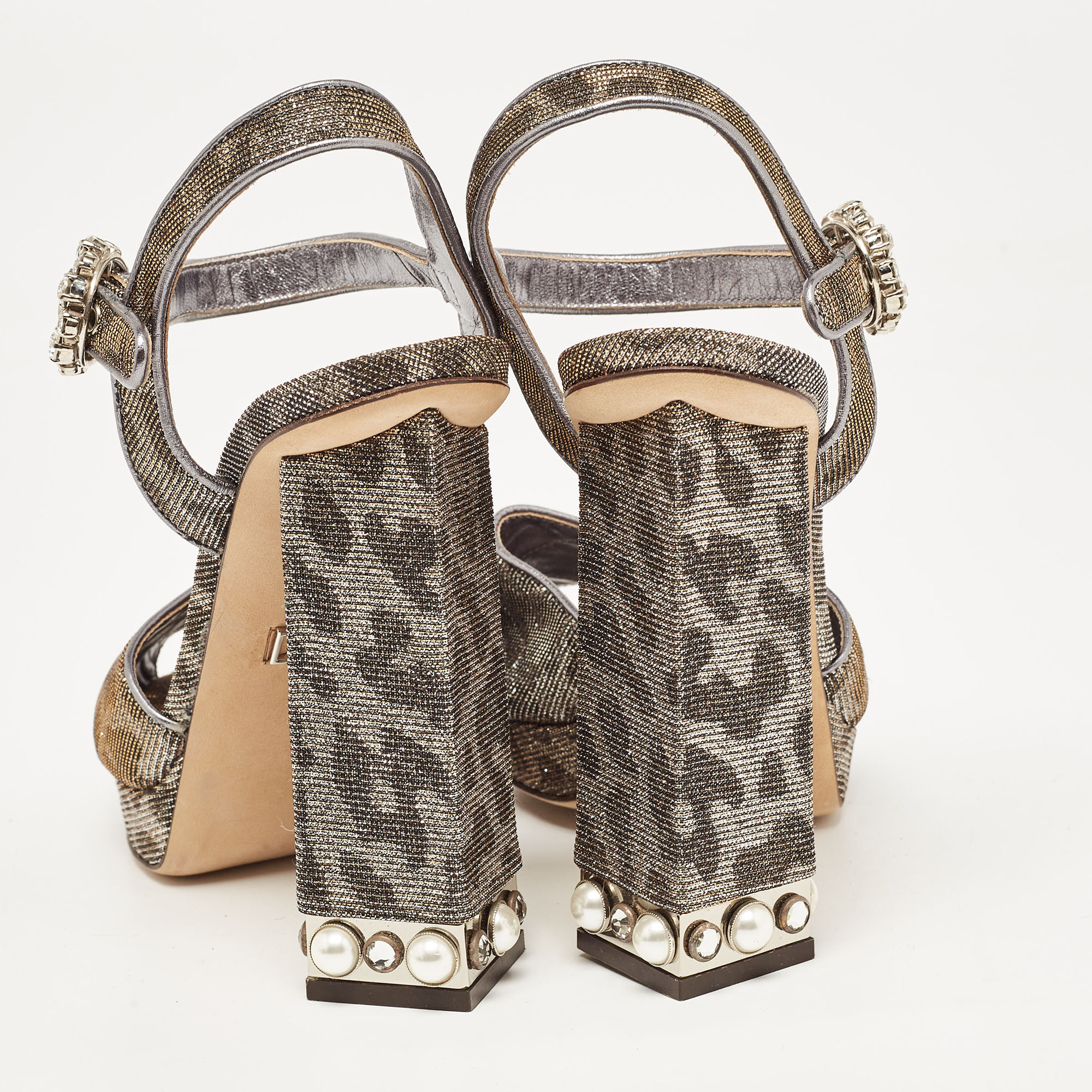 Dolce & Gabbana Silver/Gold Leopard Print Glitter Fabric Ankle Strap Block Heel Sandals Size 37