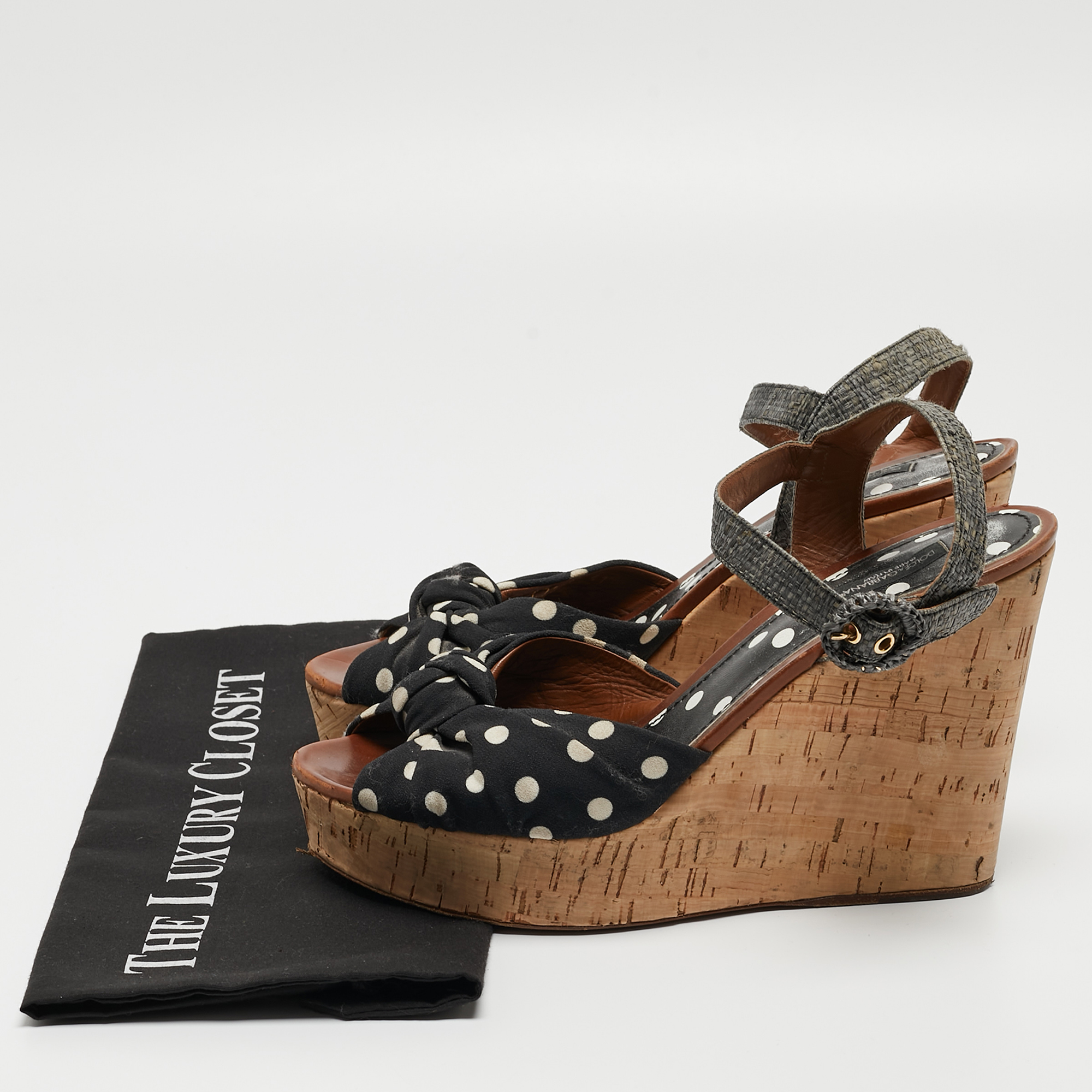 Dolce & Gabbana Black/Grey Knotted Polka Dot Fabric And Raffia Cork Wedge Ankle Strap Sandals Size 41