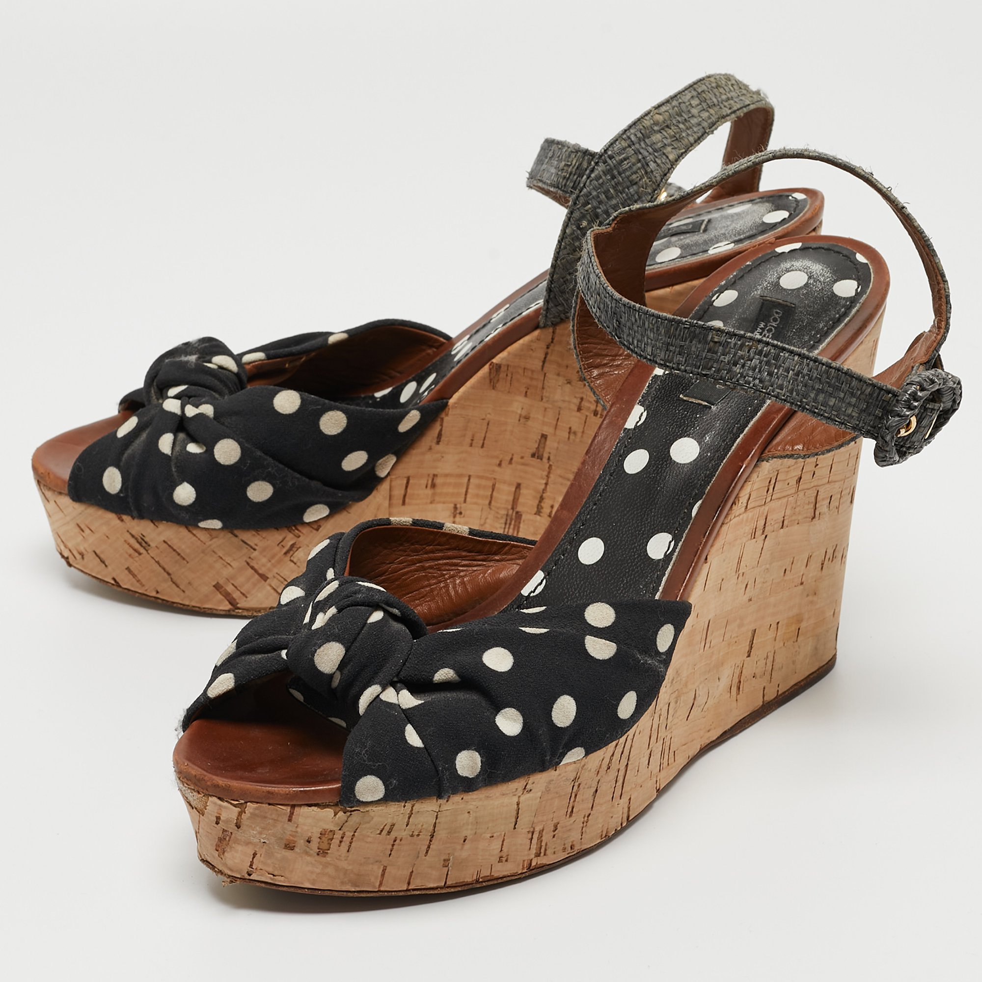 Dolce & Gabbana Black/Grey Knotted Polka Dot Fabric And Raffia Cork Wedge Ankle Strap Sandals Size 41