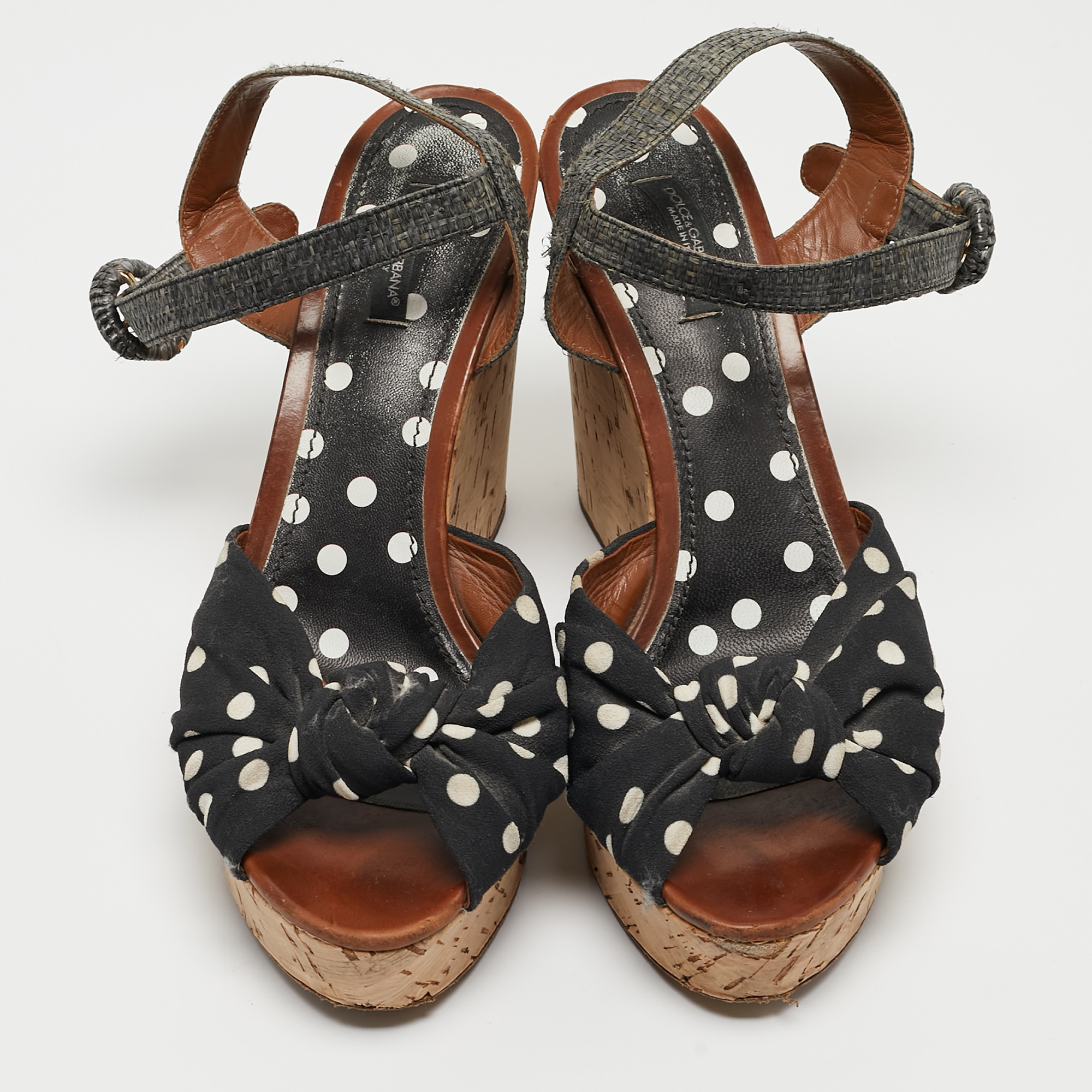 Dolce & Gabbana Black/Grey Knotted Polka Dot Fabric And Raffia Cork Wedge Ankle Strap Sandals Size 41