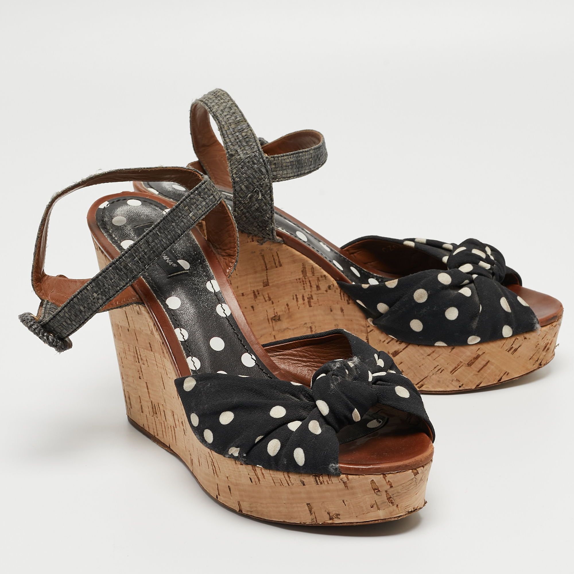 Dolce & Gabbana Black/Grey Knotted Polka Dot Fabric And Raffia Cork Wedge Ankle Strap Sandals Size 41