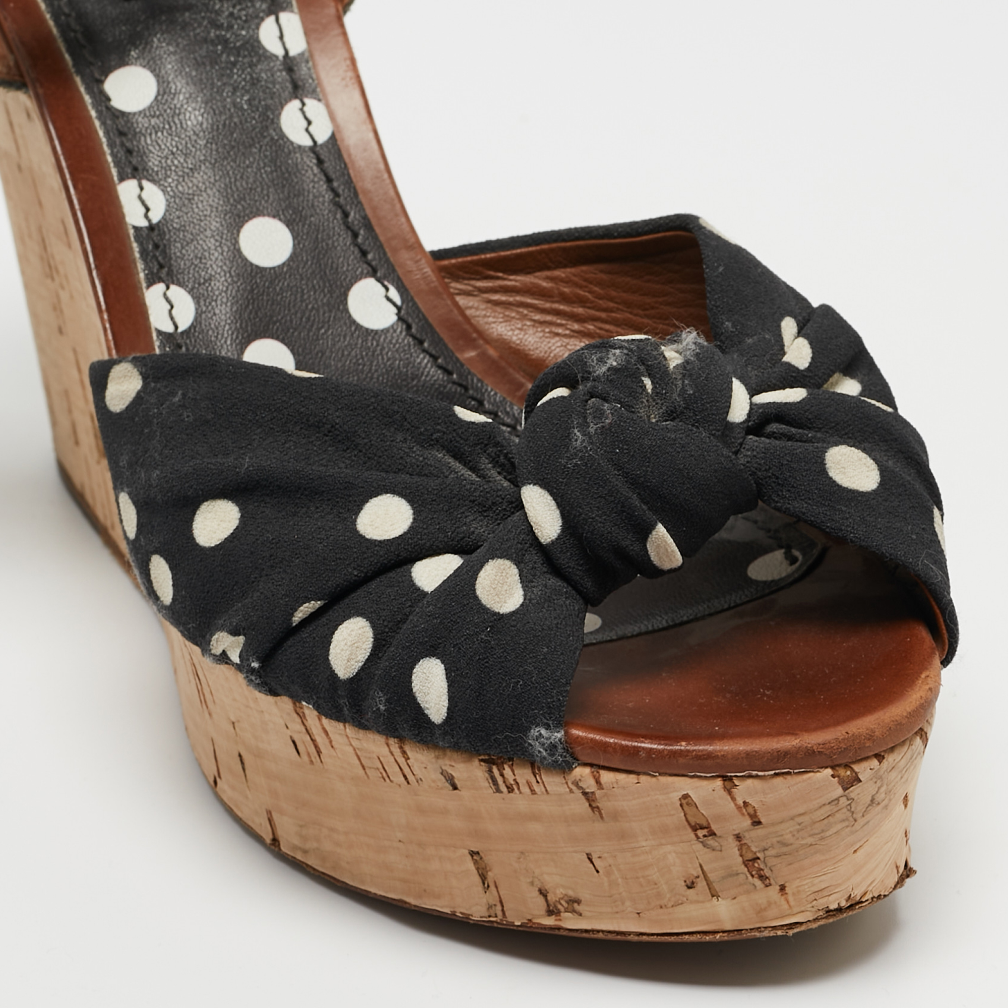 Dolce & Gabbana Black/Grey Knotted Polka Dot Fabric And Raffia Cork Wedge Ankle Strap Sandals Size 41