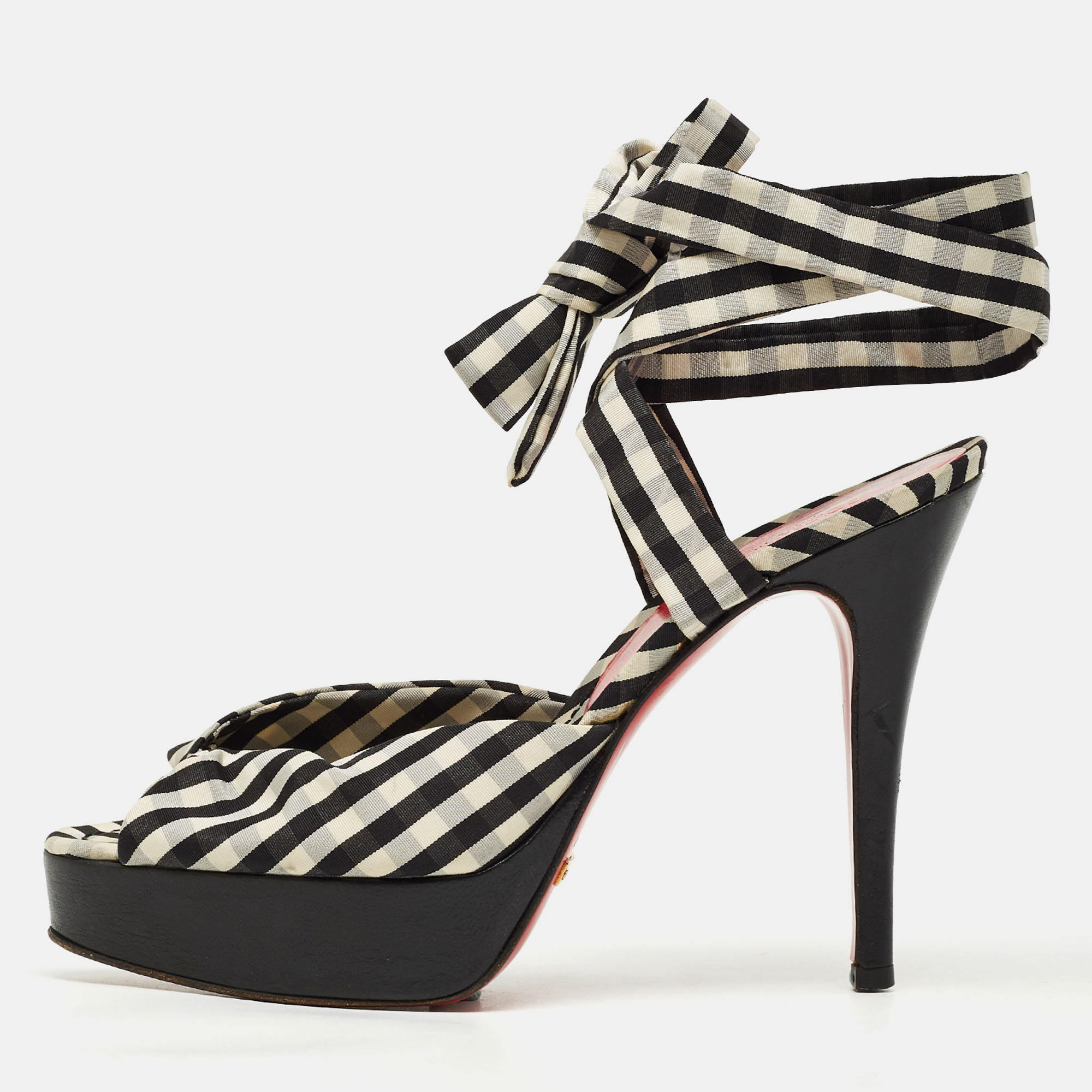 Dolce & gabbana black/white plaid fabric platform ankle tie sandals size 38