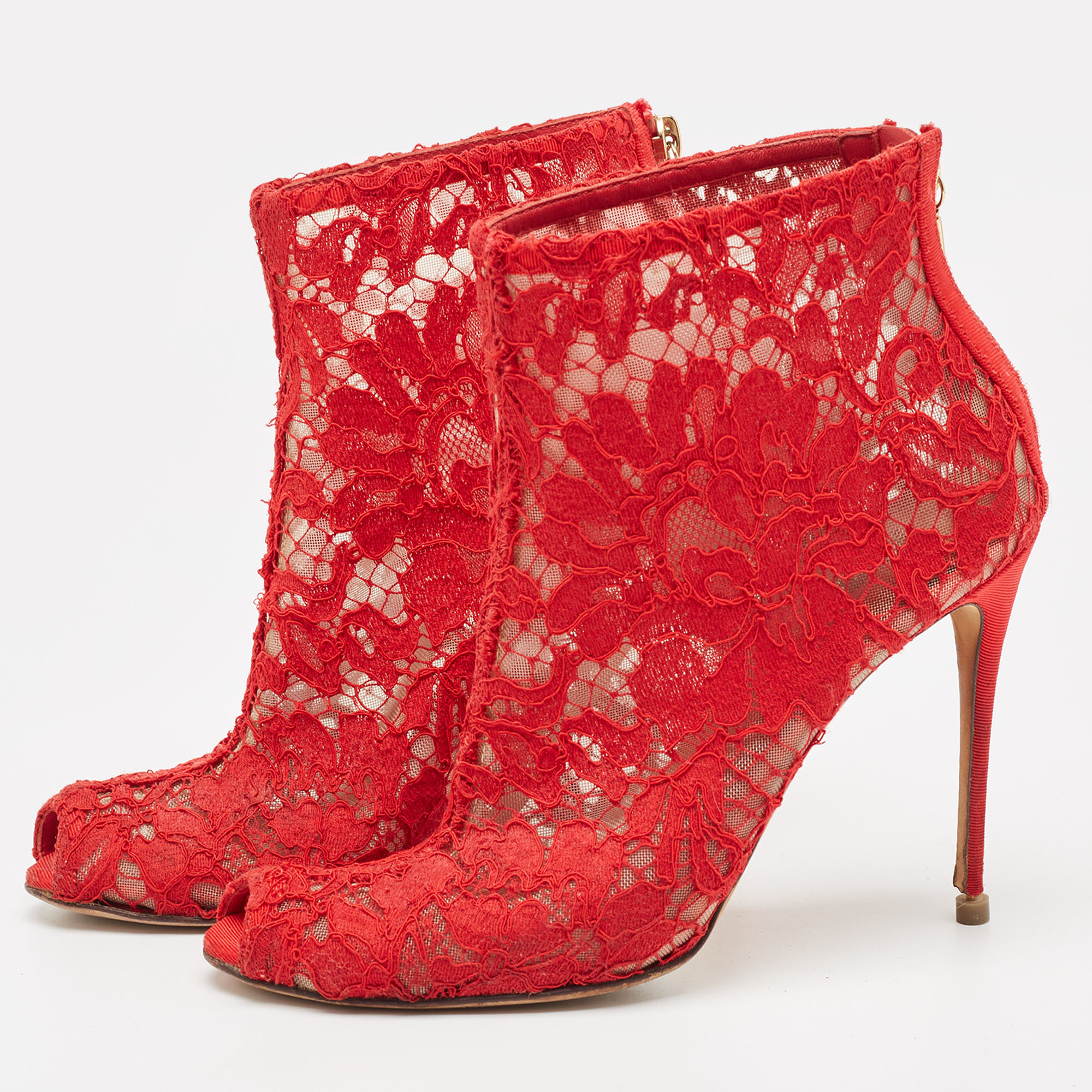 Dolce & Gabbana Red Lace And Mesh Peep Toe Ankle Boots Size 36