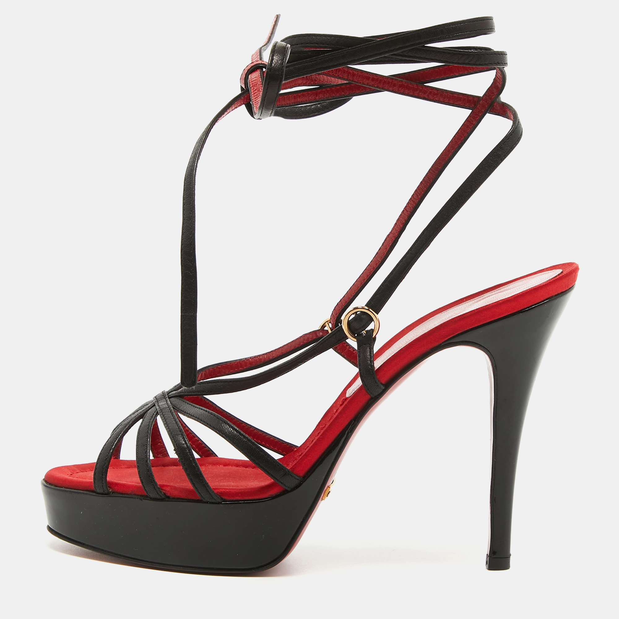 Dolce & gabbana red/black leather lace up sandals size 38