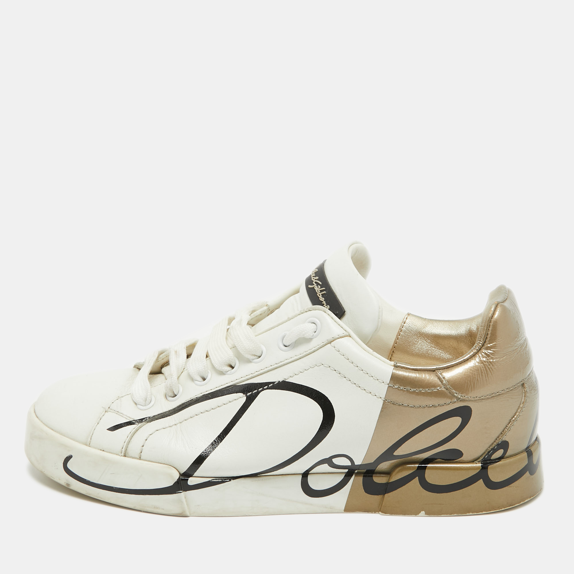 Dolce & gabbana white/gold leather and patent logo print portofino sneakers size 38.5