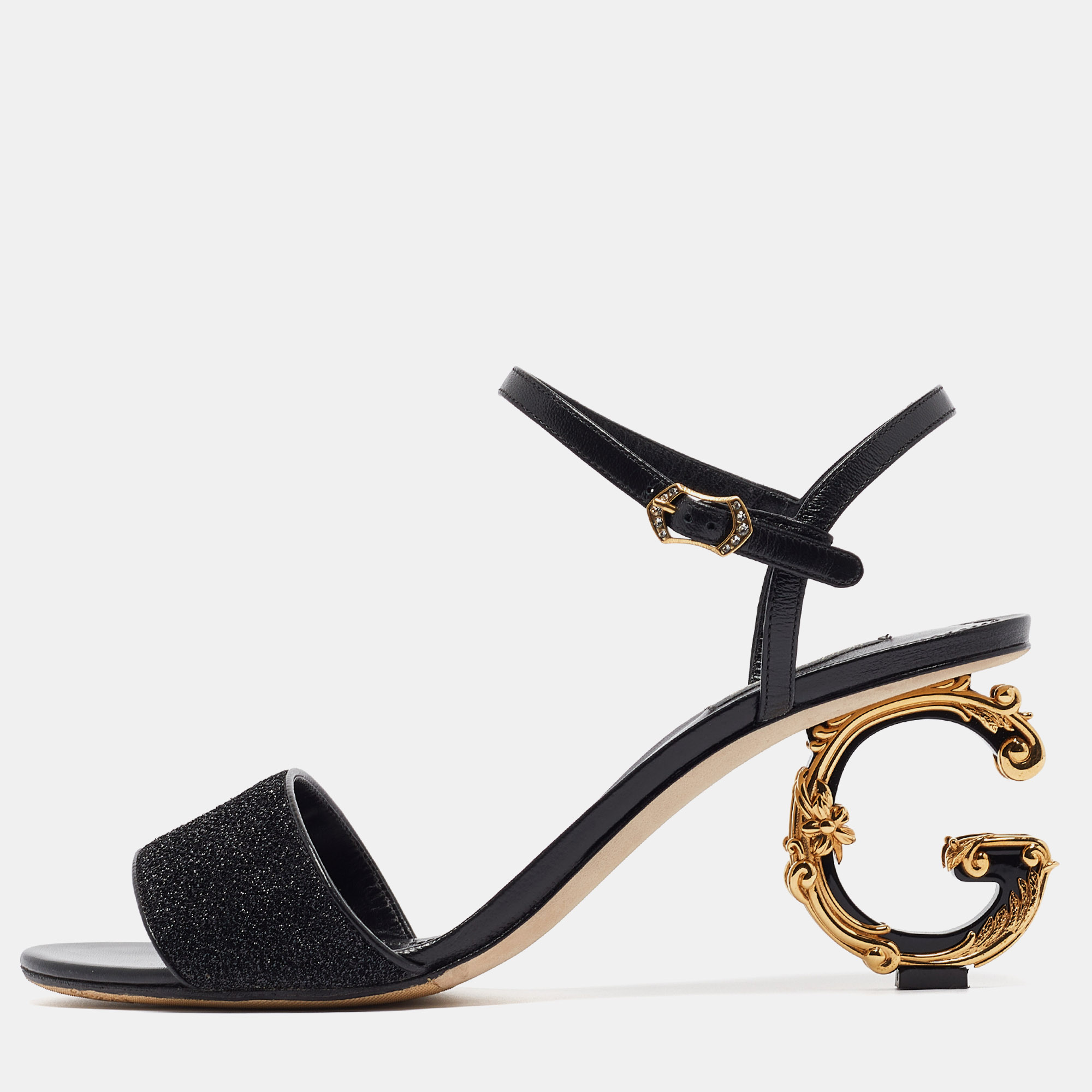 

Dolce & Gabbana Black Leather and Lurex Keira DG Baroque Sandals Size