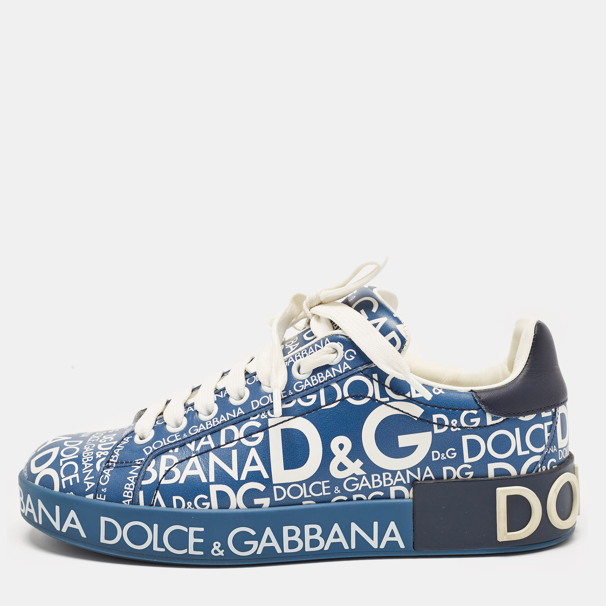 

Dolce & Gabbana Blue Leather Logo Print Portofino Sneakers Size