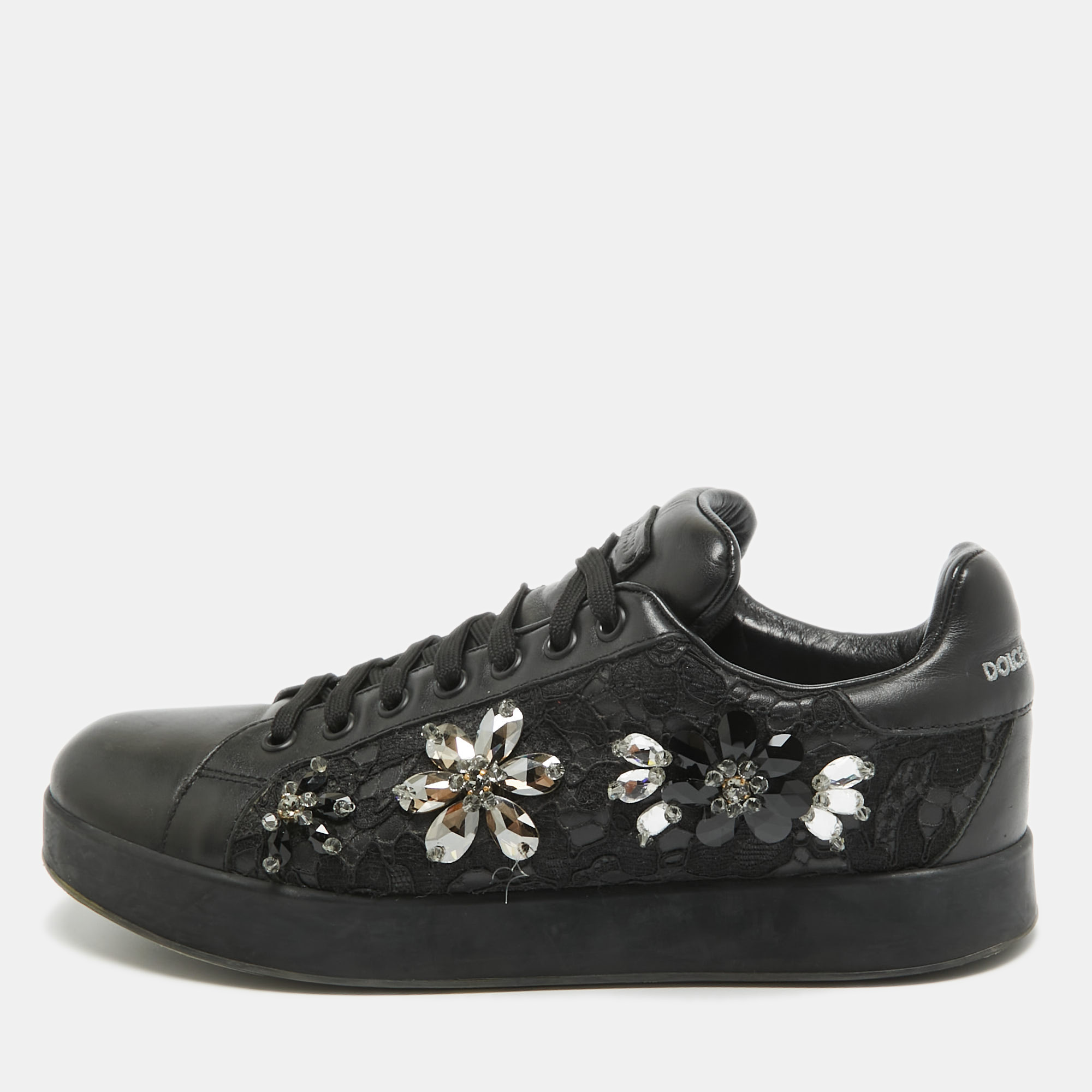 Dolce & gabbana black leather crystal embellished low top sneakers size 39
