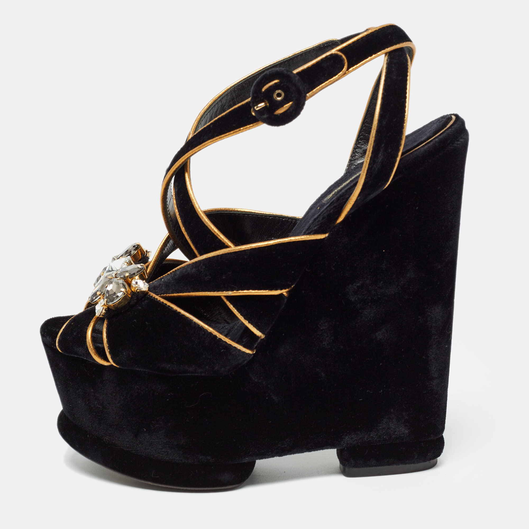 Dolce & gabbana black/gold velvet and leather crystal embellished sandals size 39