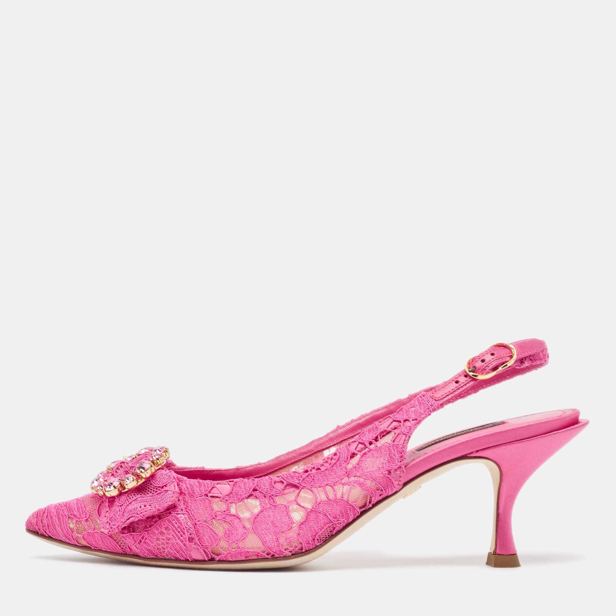 

Dolce & Gabbana Pink Lace and Mesh Bellucci Slingback Pumps Size
