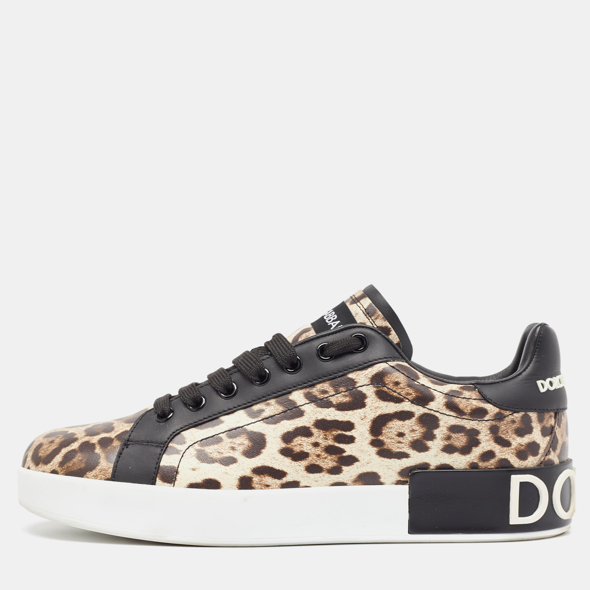 

Dolce & Gabbana Black/Brown Leopard Print Leather Portofino Low Top Sneakers Size