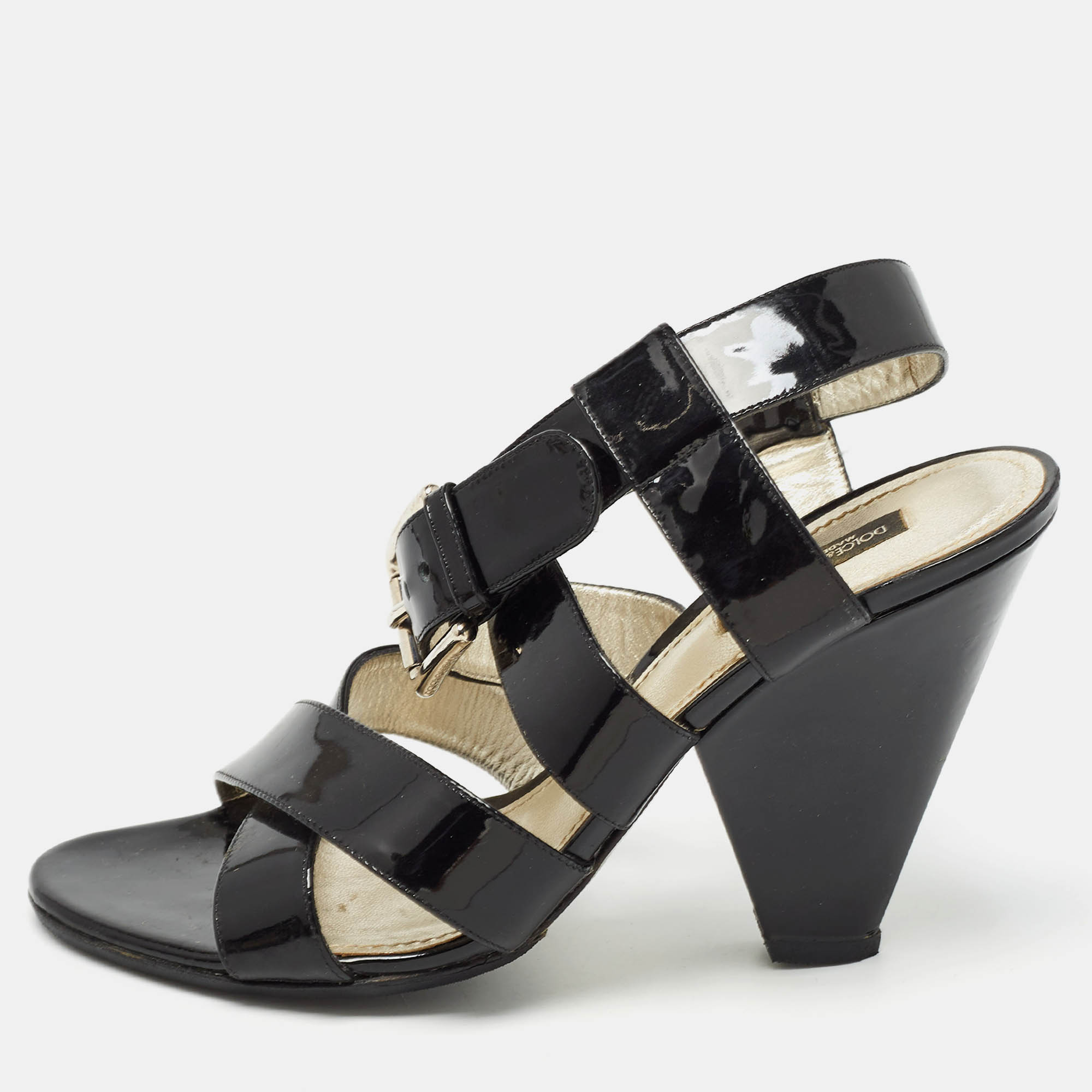 Dolce & gabbana black patent leather ankle strap sandals size 38.5