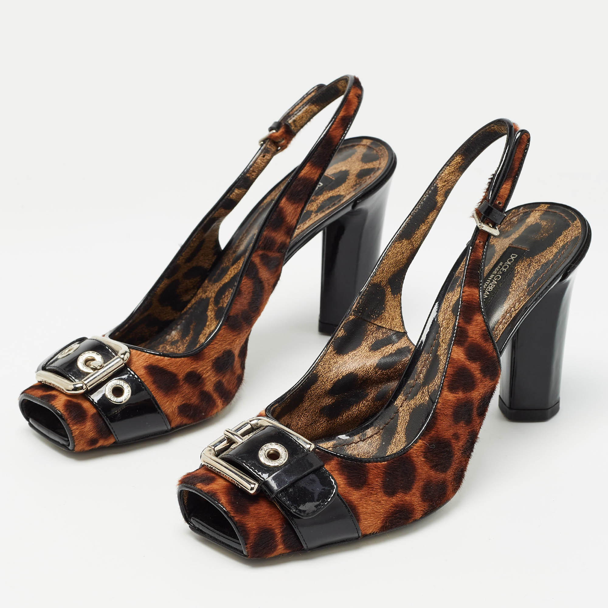 Dolce & Gabbana Brown/Black Leopard Calf Hair And Patent Open Toe Slingback Pumps Size 37