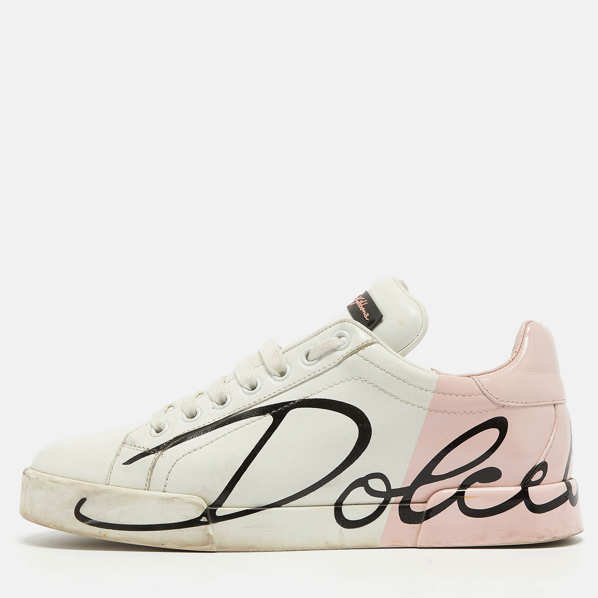 Dolce & gabbana white/pink leather and patent portofino sneakers size 38