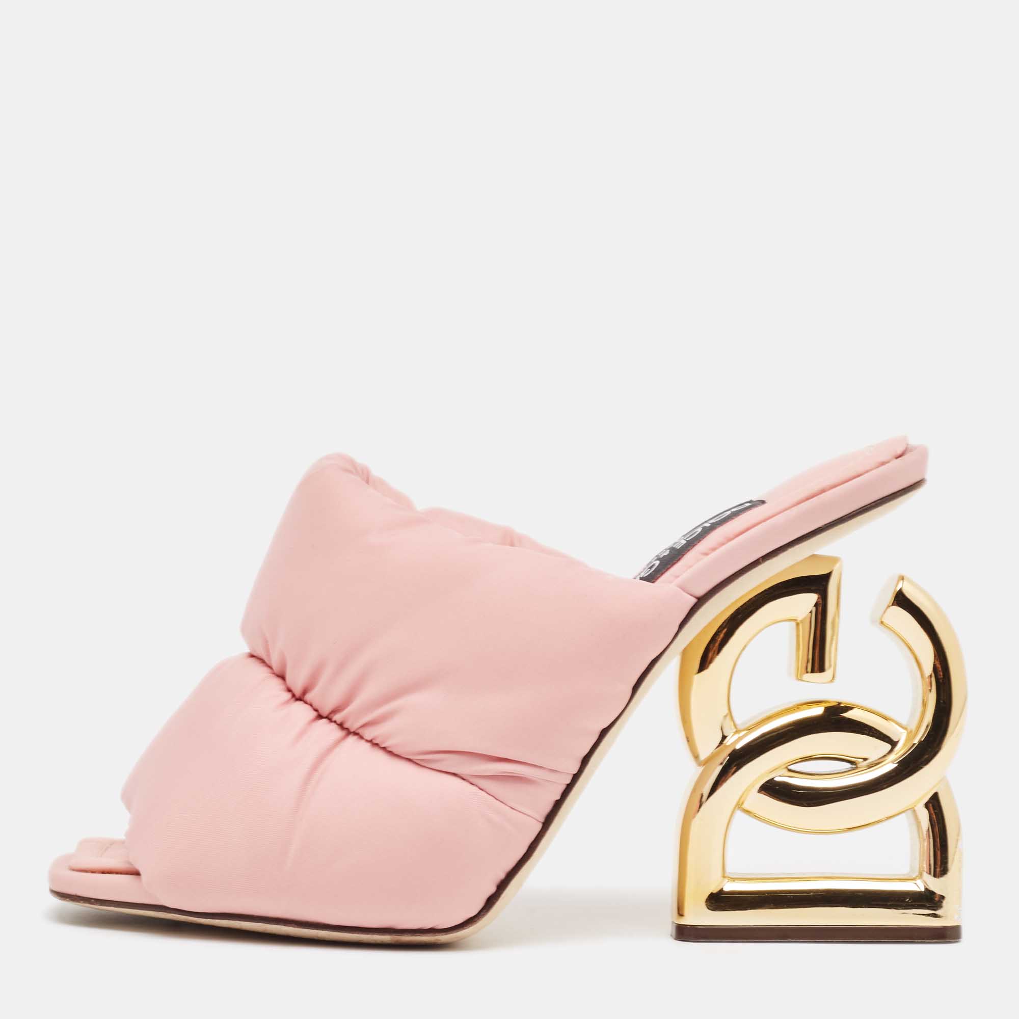 Dolce & gabbana pink quilted nylon dg heel slide sandals size 38.5
