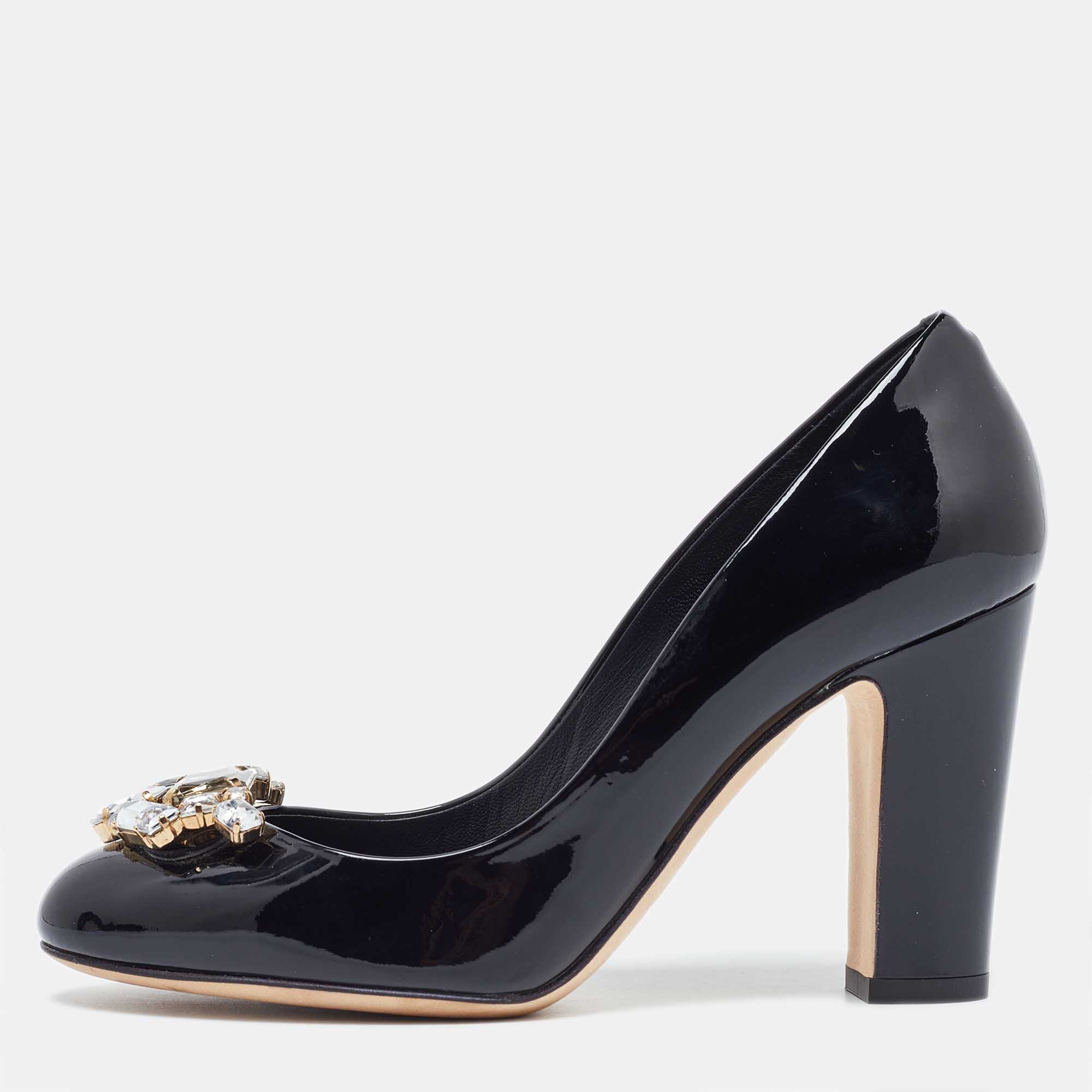 Dolce & gabbana black patent leather crystal embellished block heel pumps size 36.5