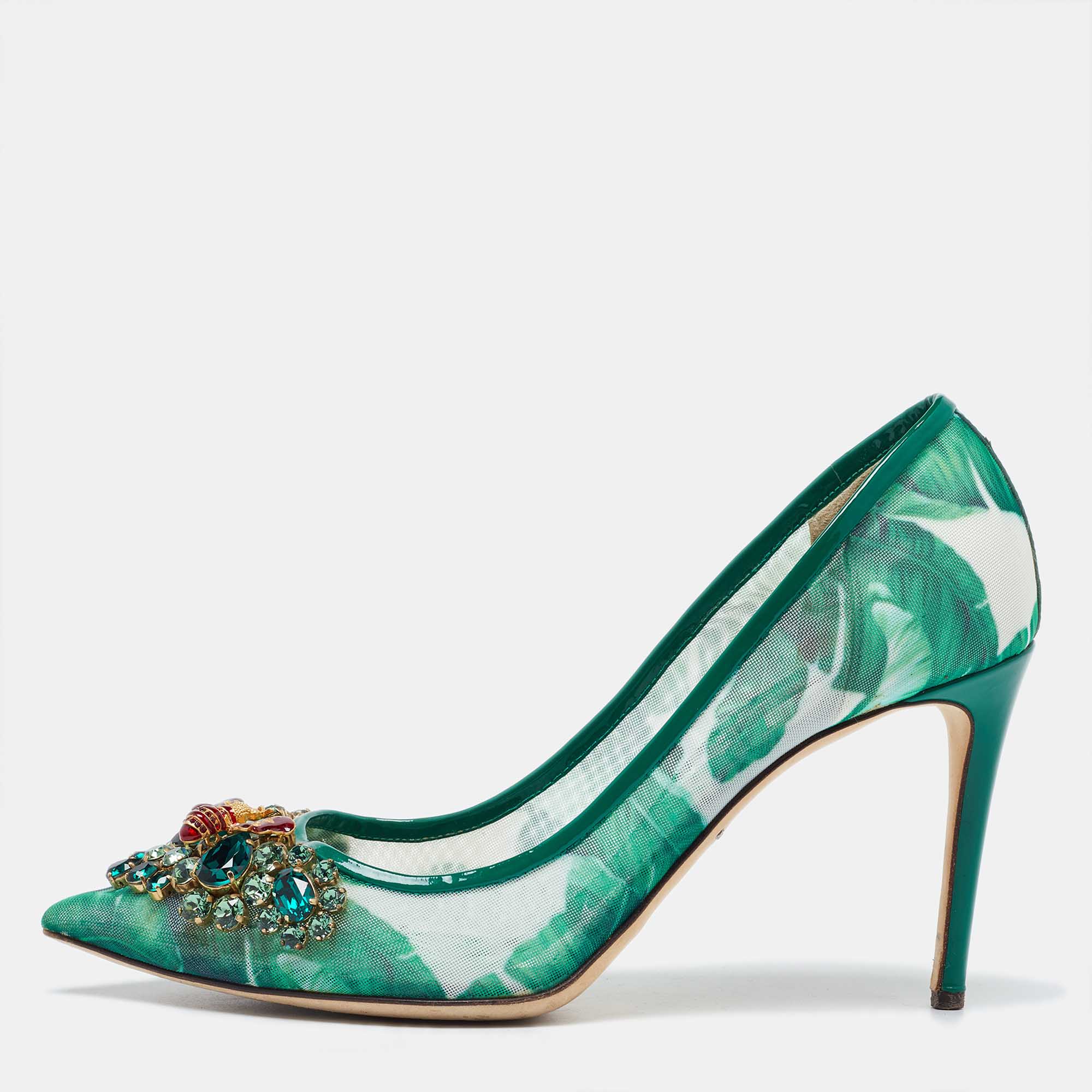 Dolce & gabbana green mesh and patent leather crystal embellished pointed toe pumps size 39.5