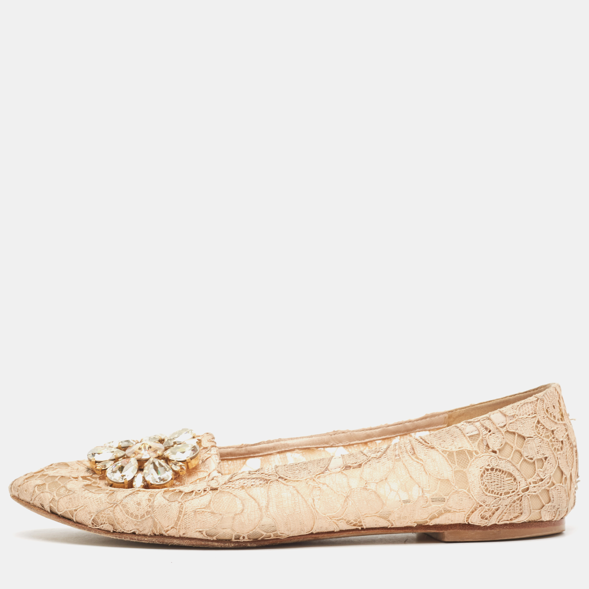 Dolce & gabbana beige lace crystal embellished taormina smoking slippers size 39