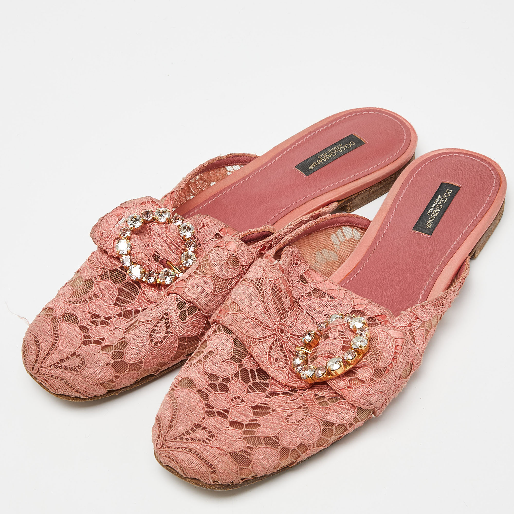 Dolce & Gabbana Pink Lace Crystal Embellished Flat Mules Size 41