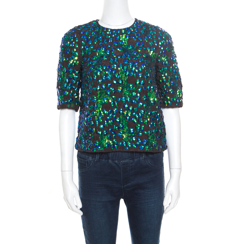 Image of Dries Van Noten Black Contrast Sequin Paillette Embellished Crop Top S